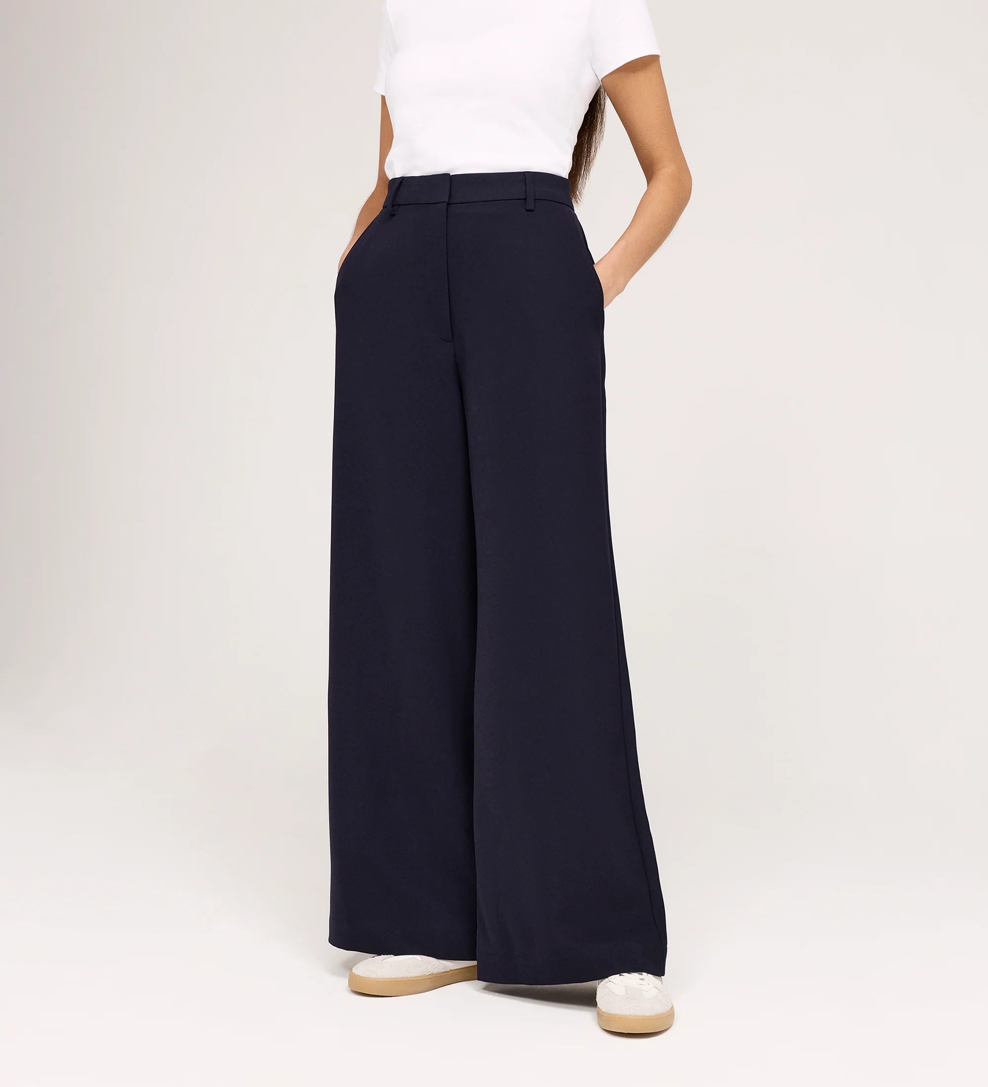 Addie Navy Gaberdine Twill Wide Leg Trousers - Image 2