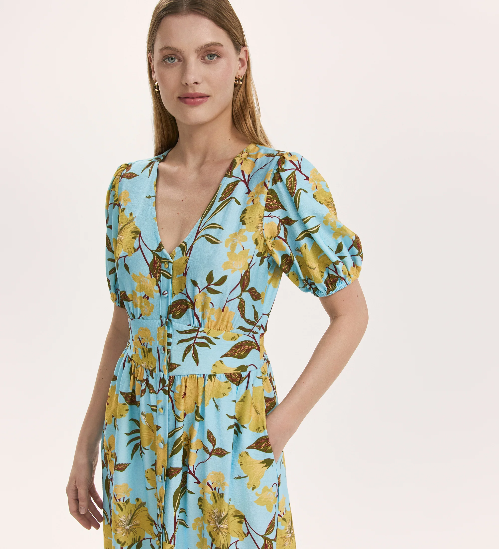 Addison Blue Floral Button Through Midi Dress - Image 3
