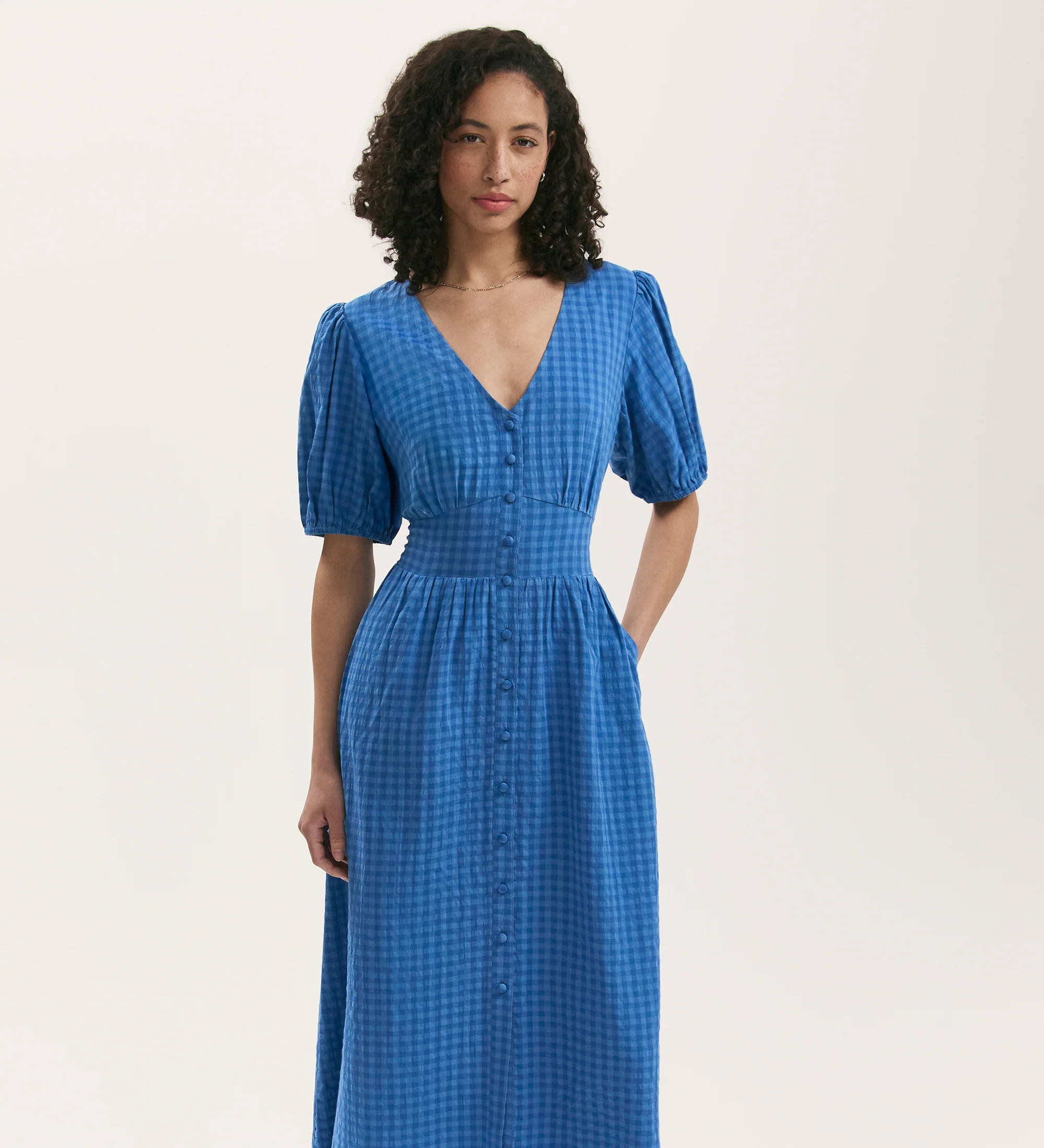 Addison Blue Gingham Seersucker Midi Dress - Image 3