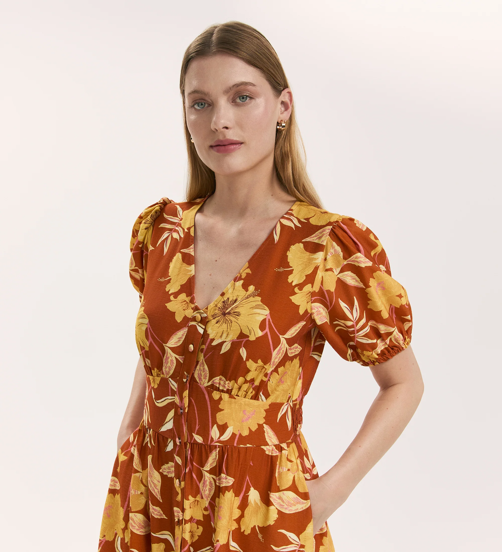 Addison Brown Floral Button Through Midi Dress - Image 2