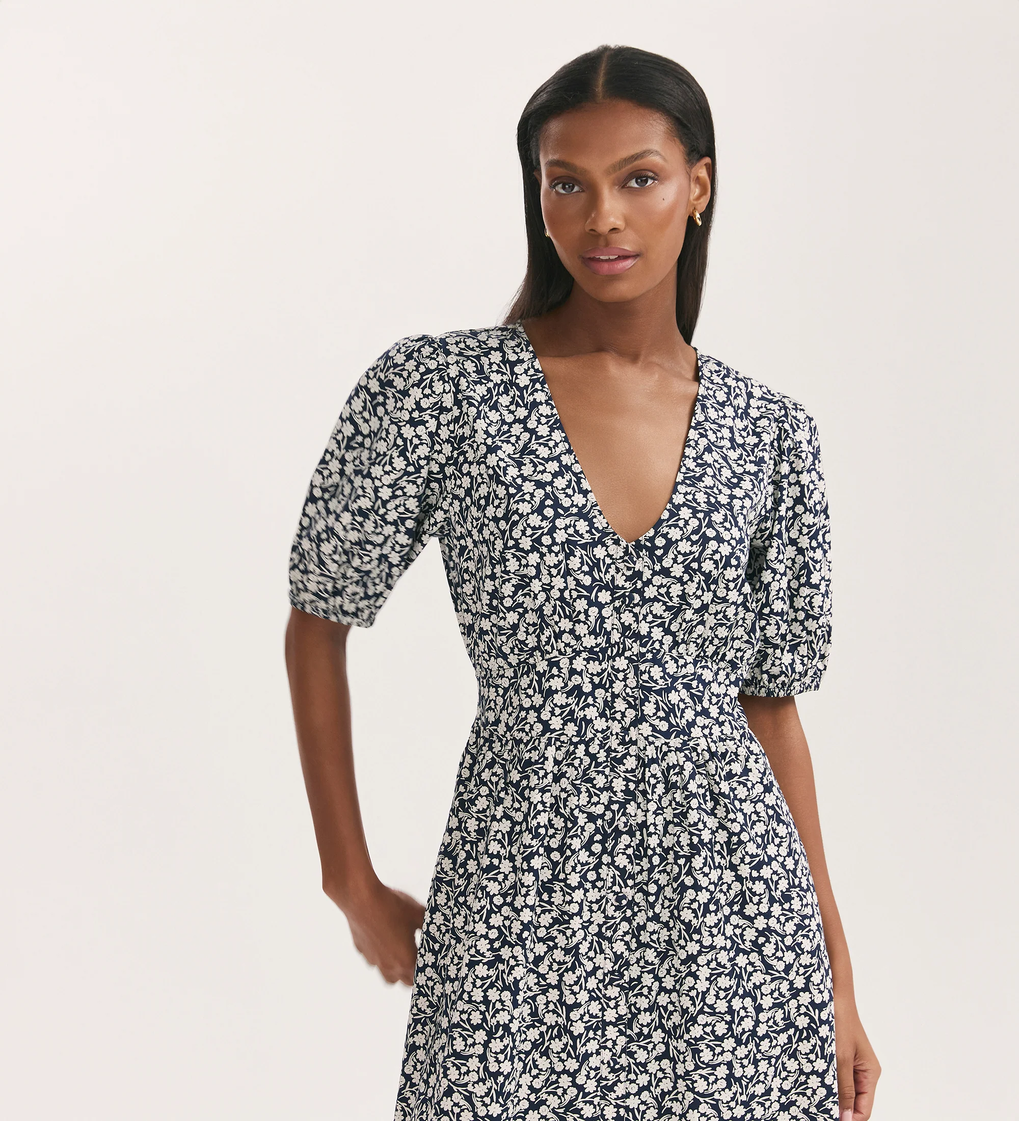 Addison Navy Flower Cotton Button Through Midi Dress - Image 3