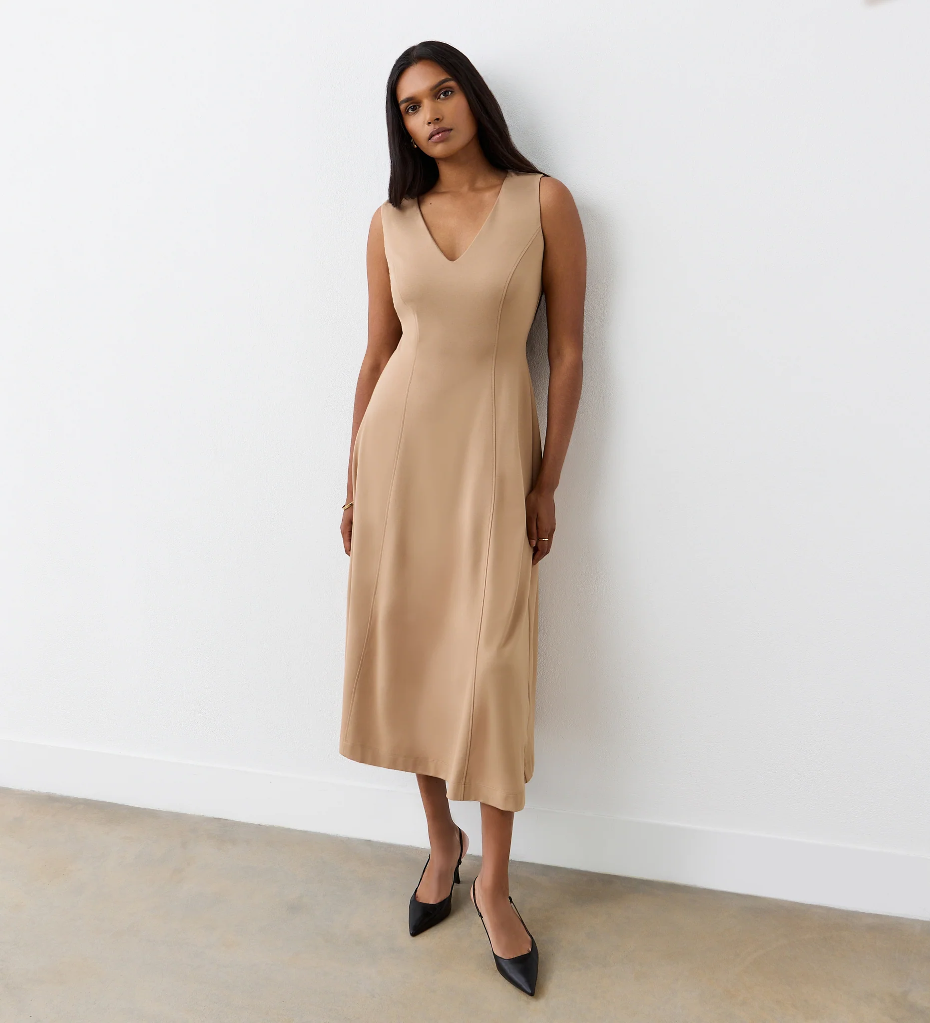 Adele Camel Ponte Jersey Midi Dress - Image 3