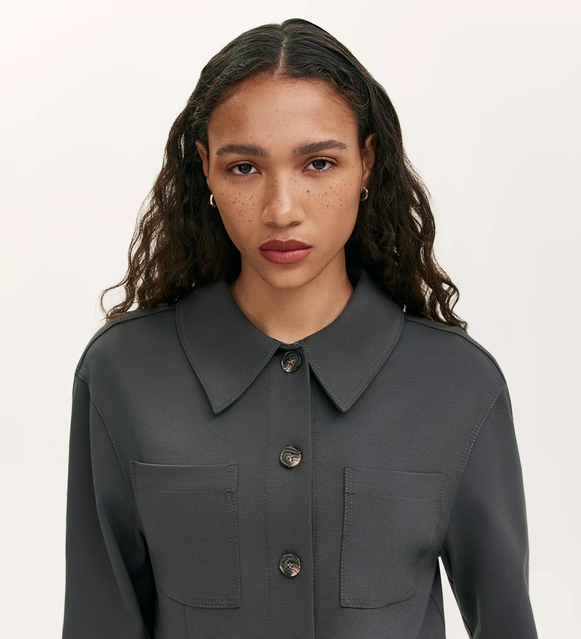Agness Charcoal Ponte Jersey Button Down Jacket - Image 3