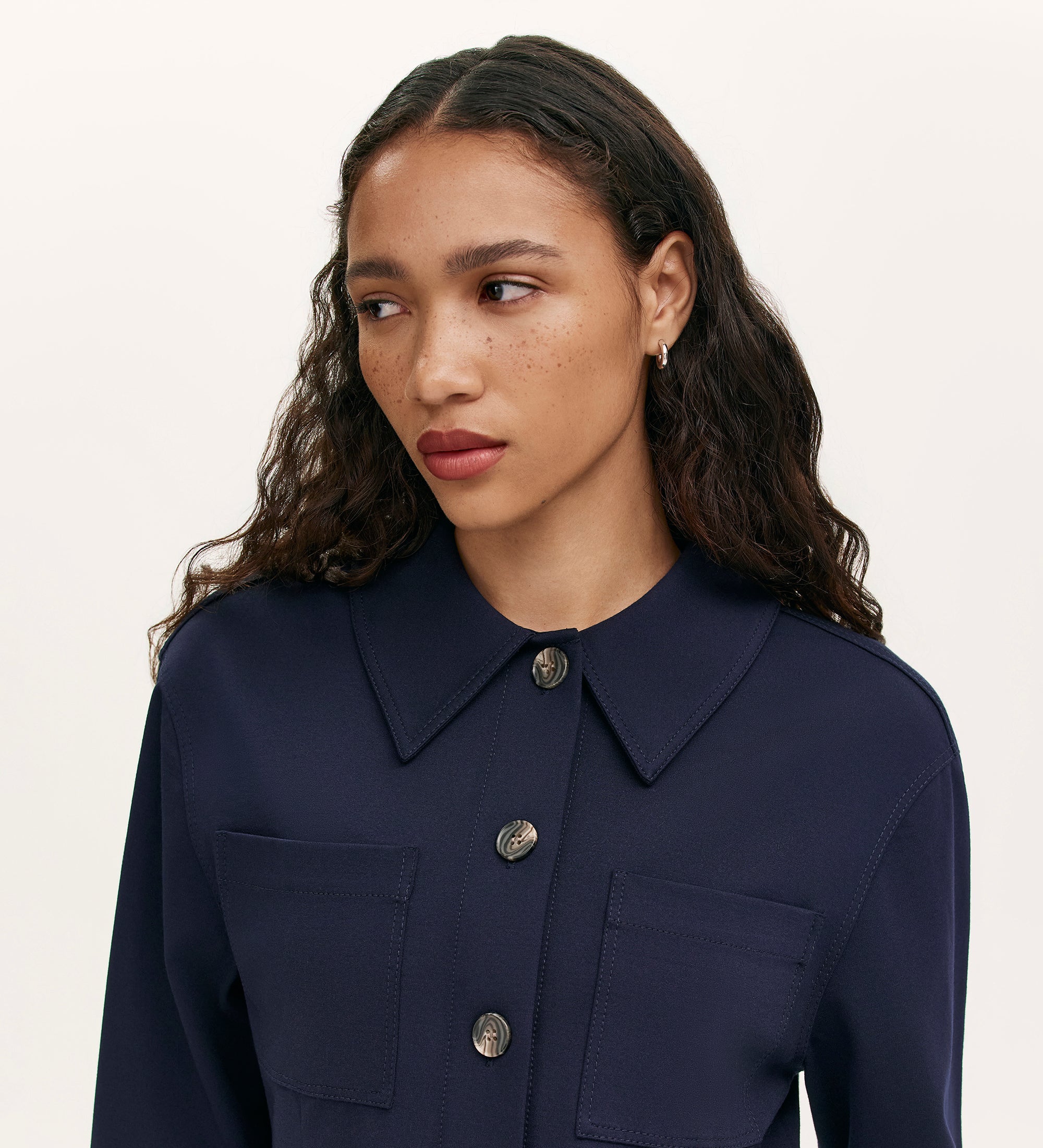 Agness Navy Ponte Jersey Button Down Jacket - Image 3