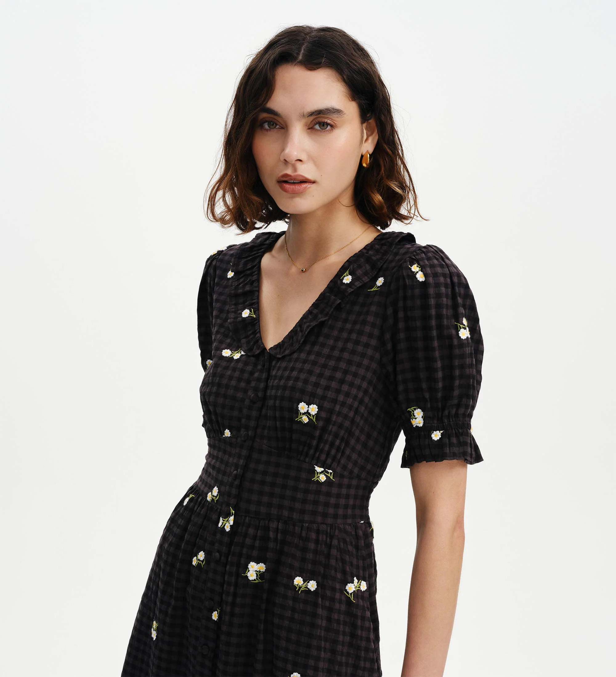 Aoife Black Embroidered Gingham Seersucker Midi Dress - Image 6