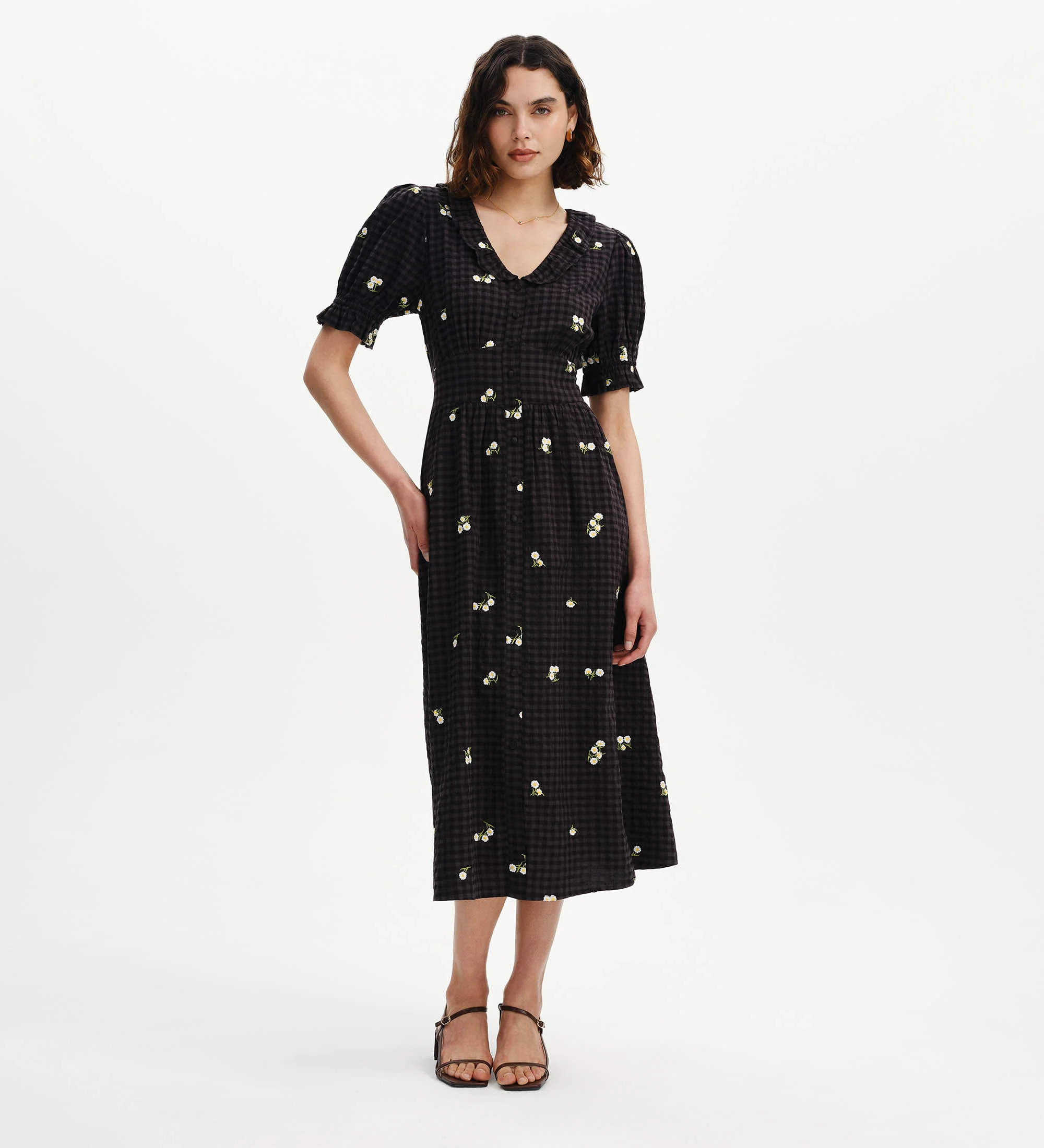 Aoife Black Embroidered Gingham Seersucker Midi Dress - Image 8