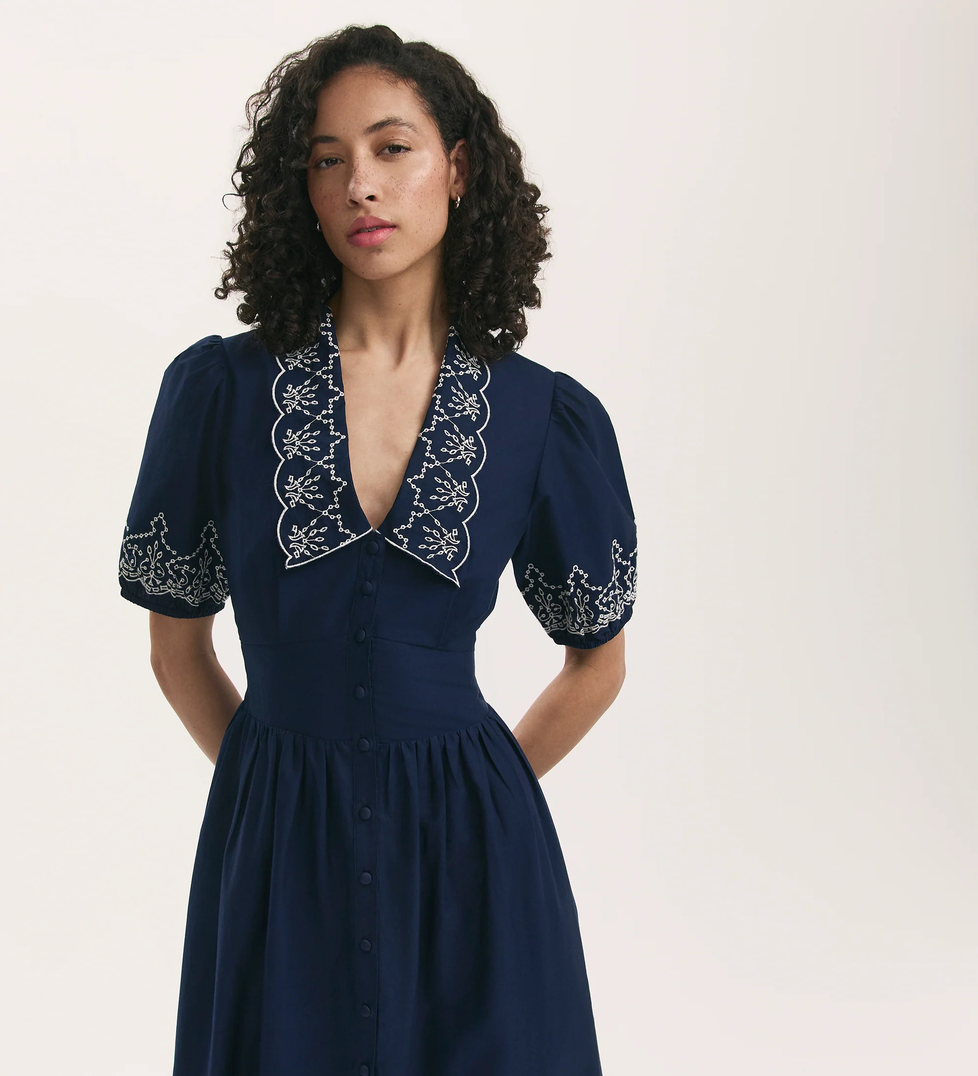 Arianna Navy Embroidered Cotton Midi Dress - Image 2