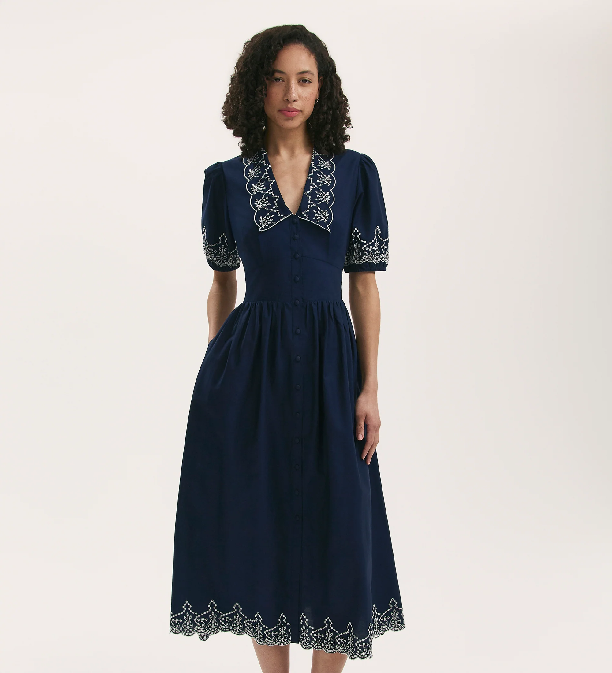 Arianna Navy Embroidered Cotton Midi Dress - Image 3