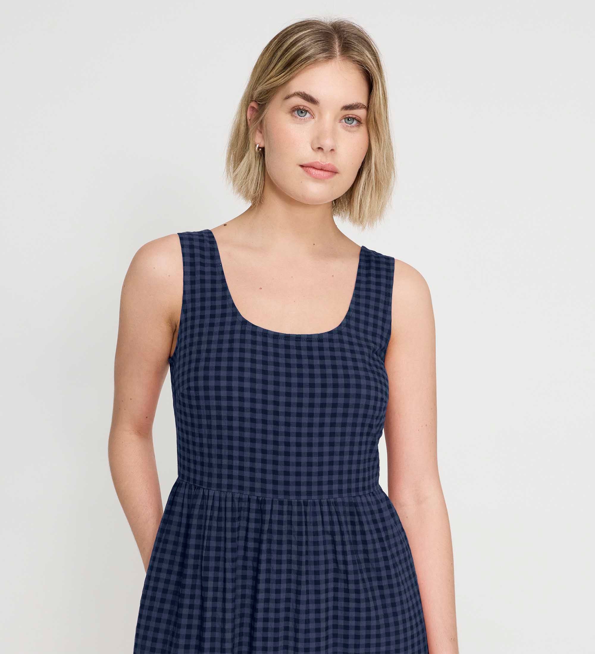 Cara Navy Gingham Seersucker Tiered Midi Dress - Image 6