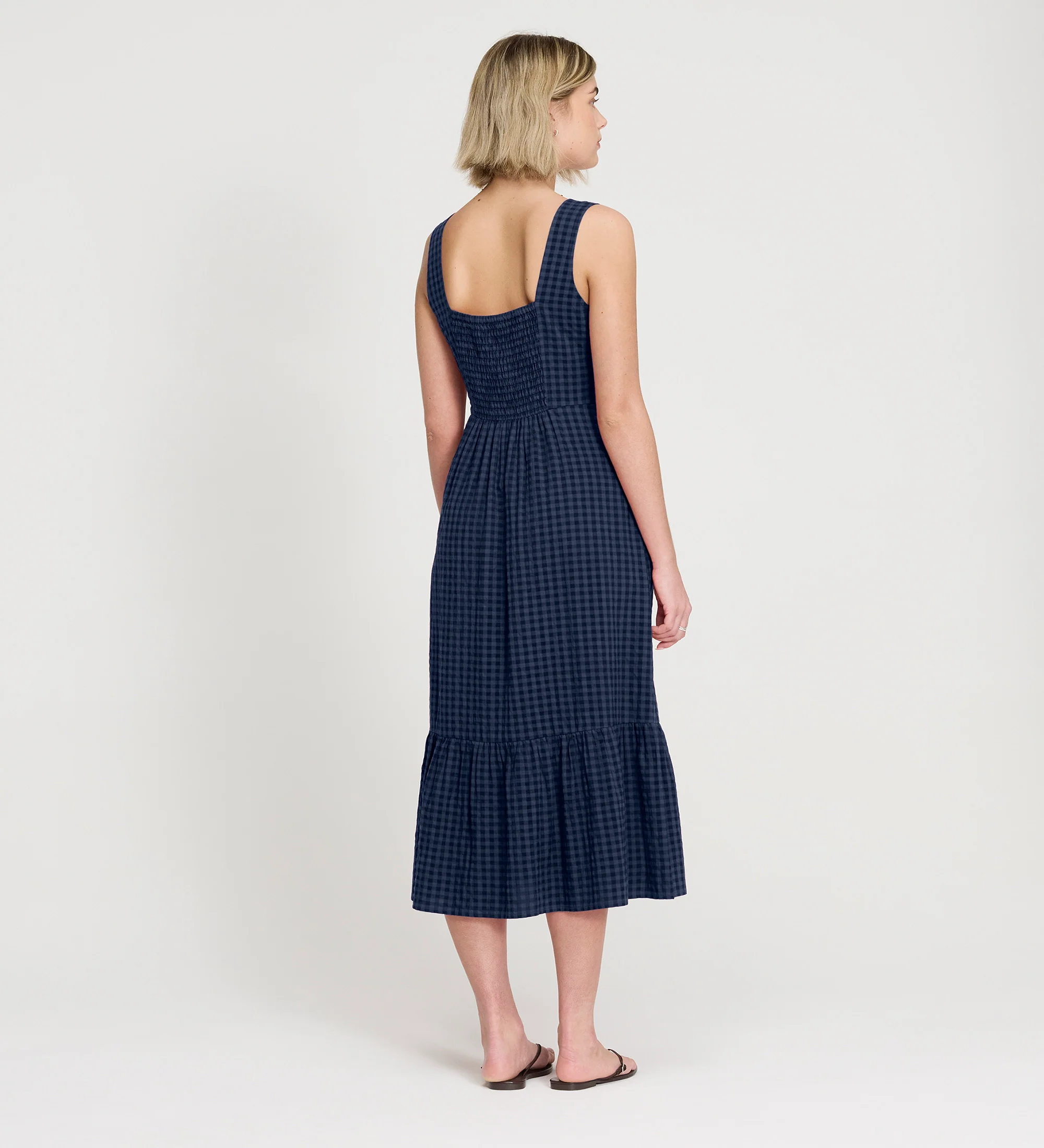 Cara Navy Gingham Seersucker Tiered Midi Dress - Image 8