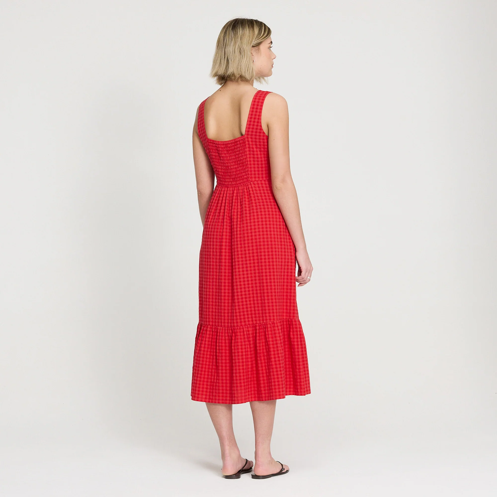 Cara Pink Gingham Seersucker Tiered Midi Dress - Image 5