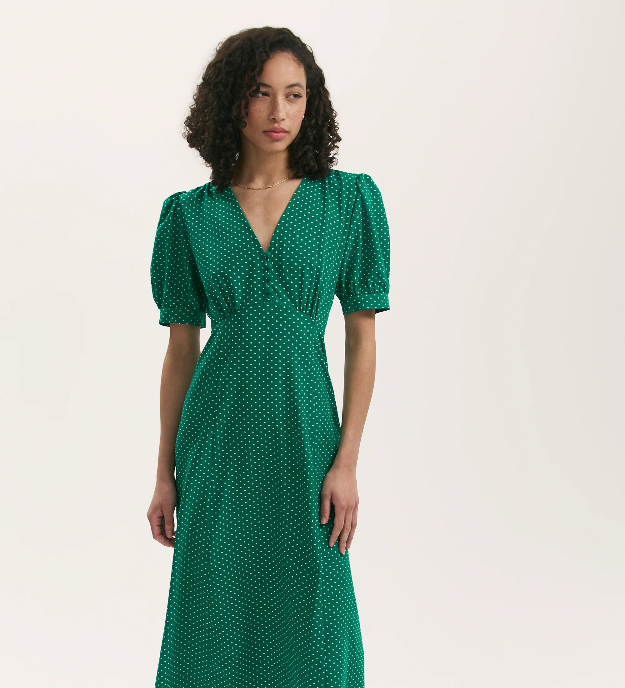 Colette Green Polka Dot Crepe Midi Tea Dress - Image 3