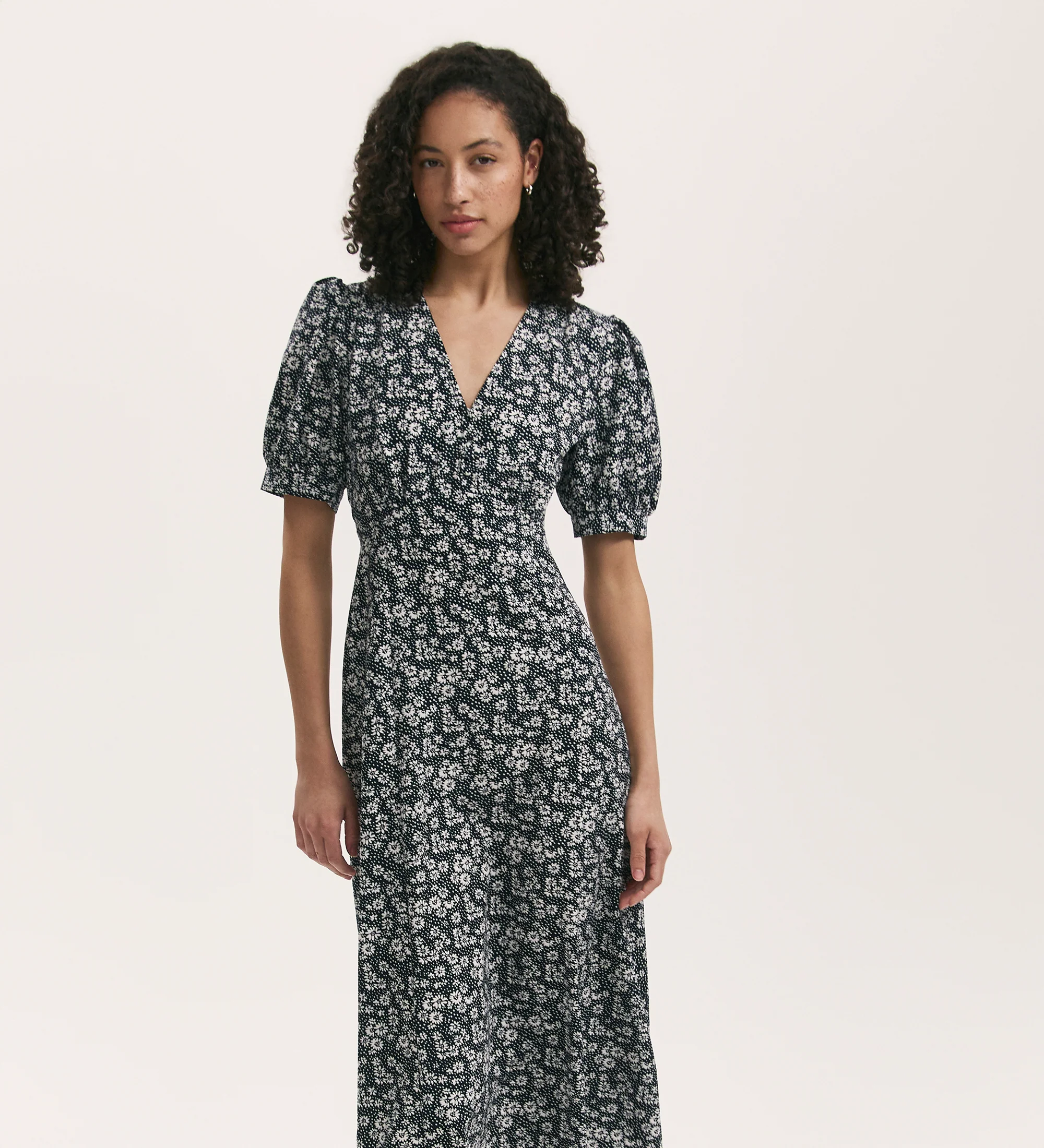 Colette Navy Daisy Crepe Midi Tea Dress - Image 3