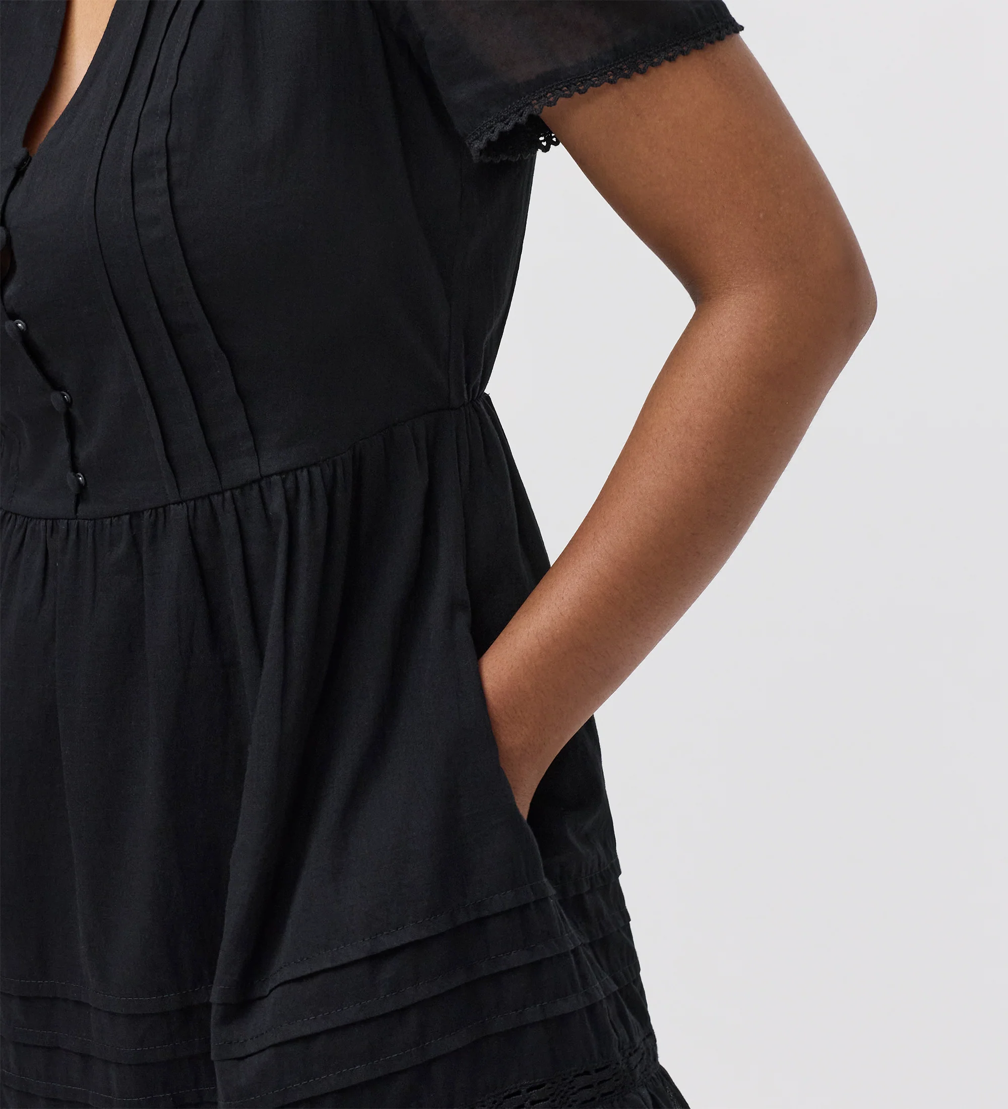 Dakota Black Cotton Lace Tiered Short Dress - Image 3