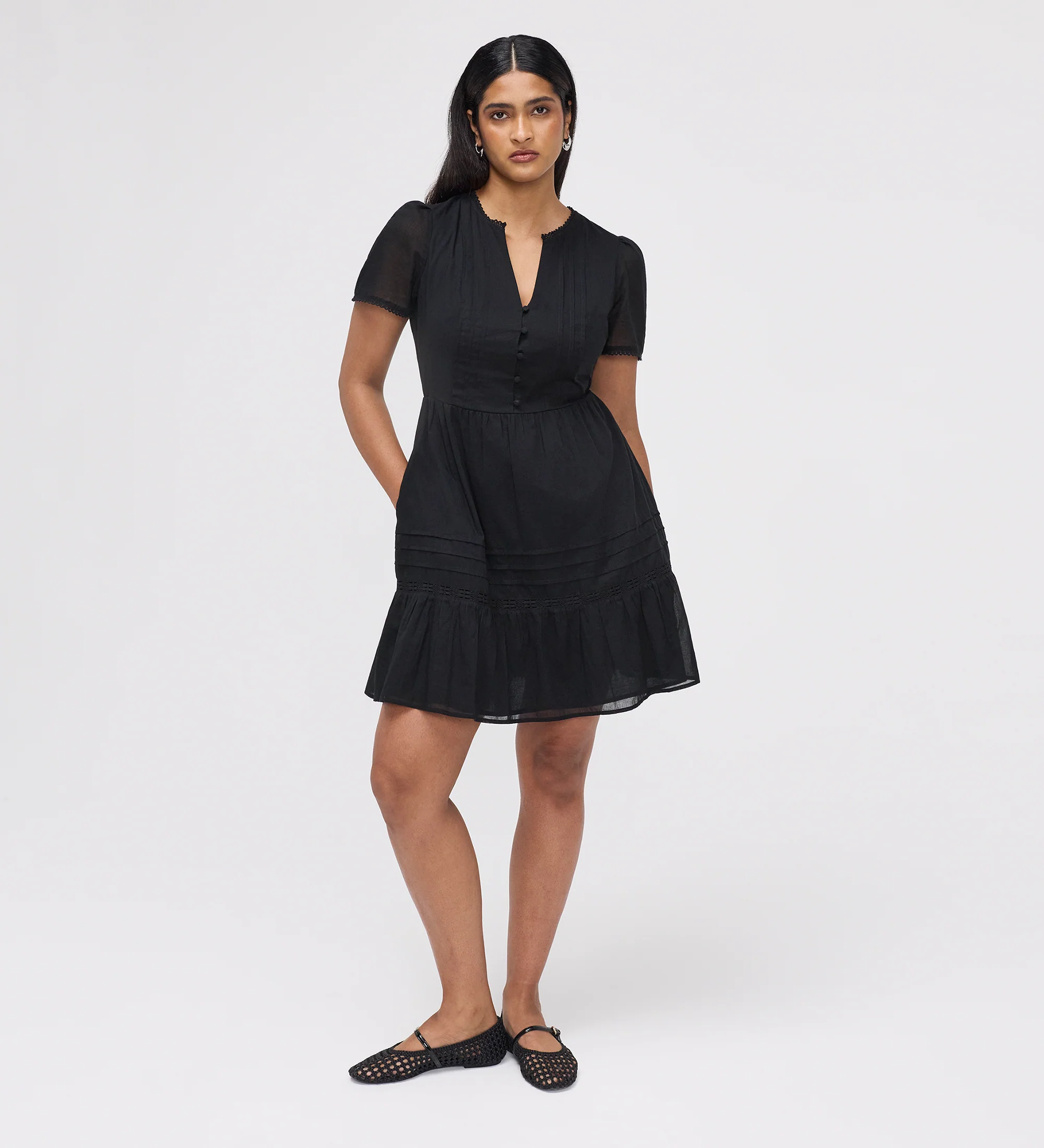 Dakota Black Cotton Lace Tiered Short Dress - Image 4