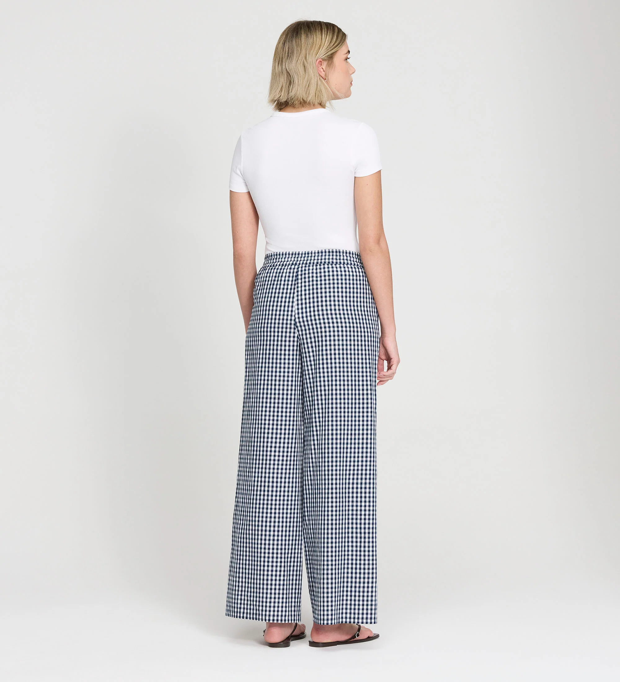 Dixie Navy Cotton Gingham Wide Leg Drawstring Trousers - Image 5