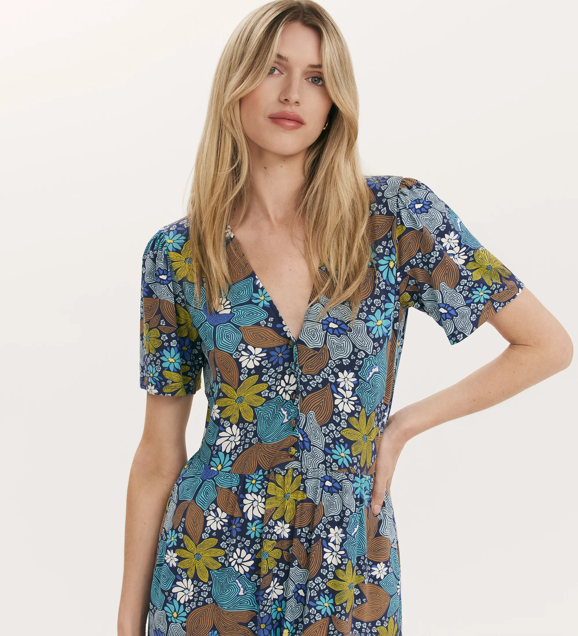Edith Blue Floral Jersey Midi Dress - Image 4