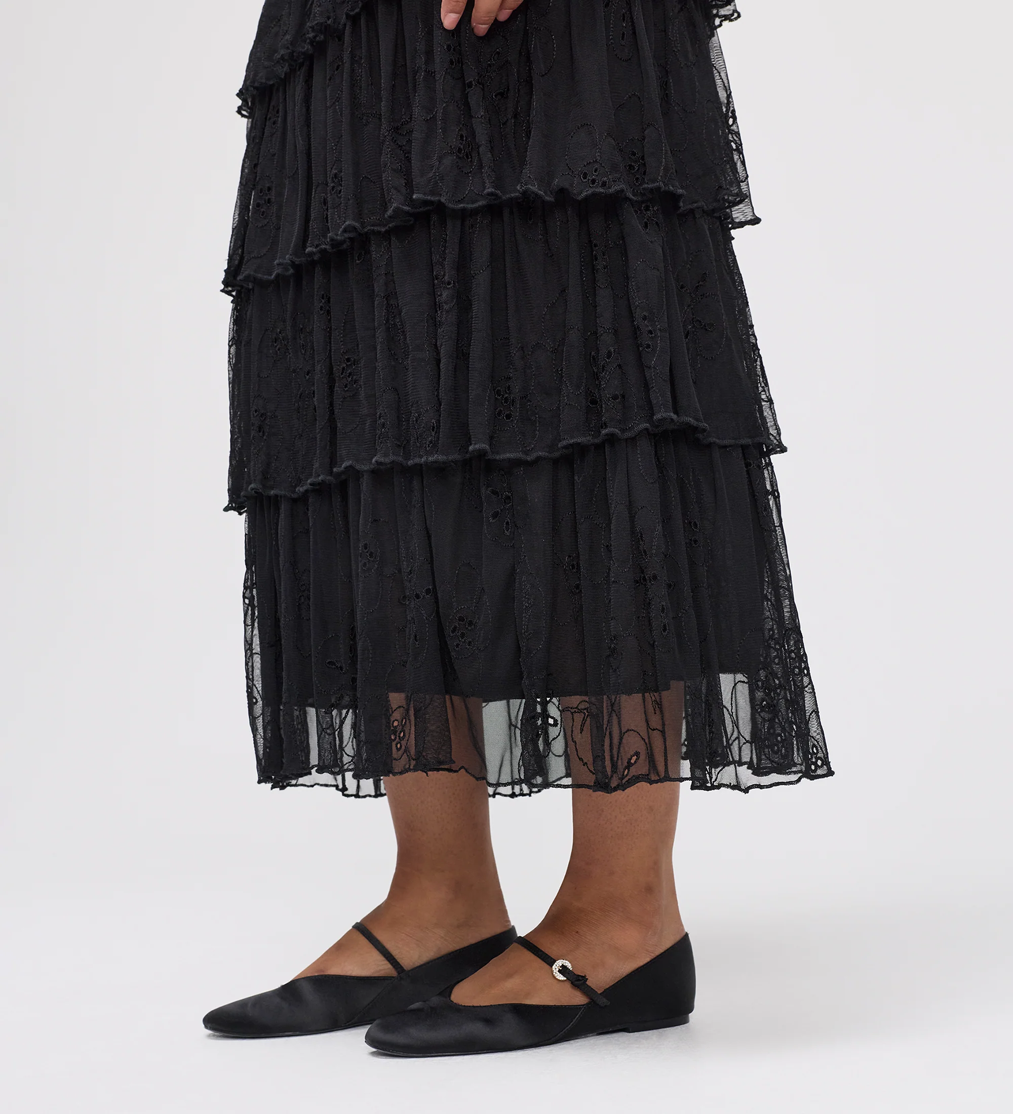 Elisa Black Mesh Midi Tiered Skirt - Image 6