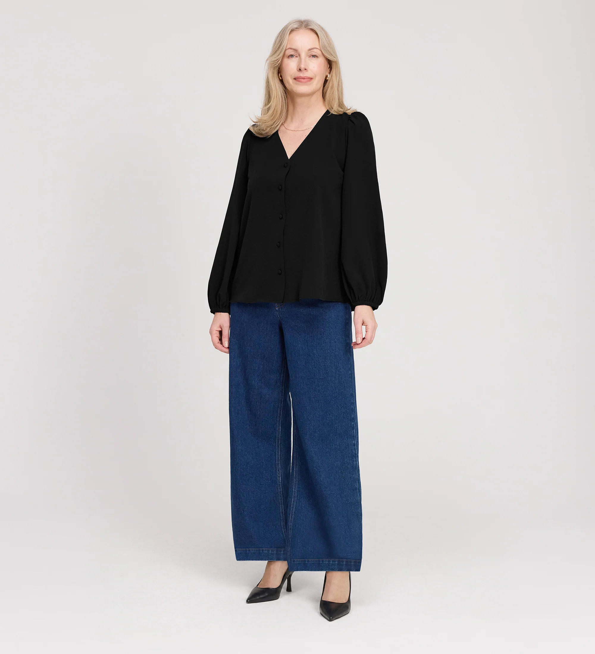 Elvora Black Button Up V-neck Top - Image 2
