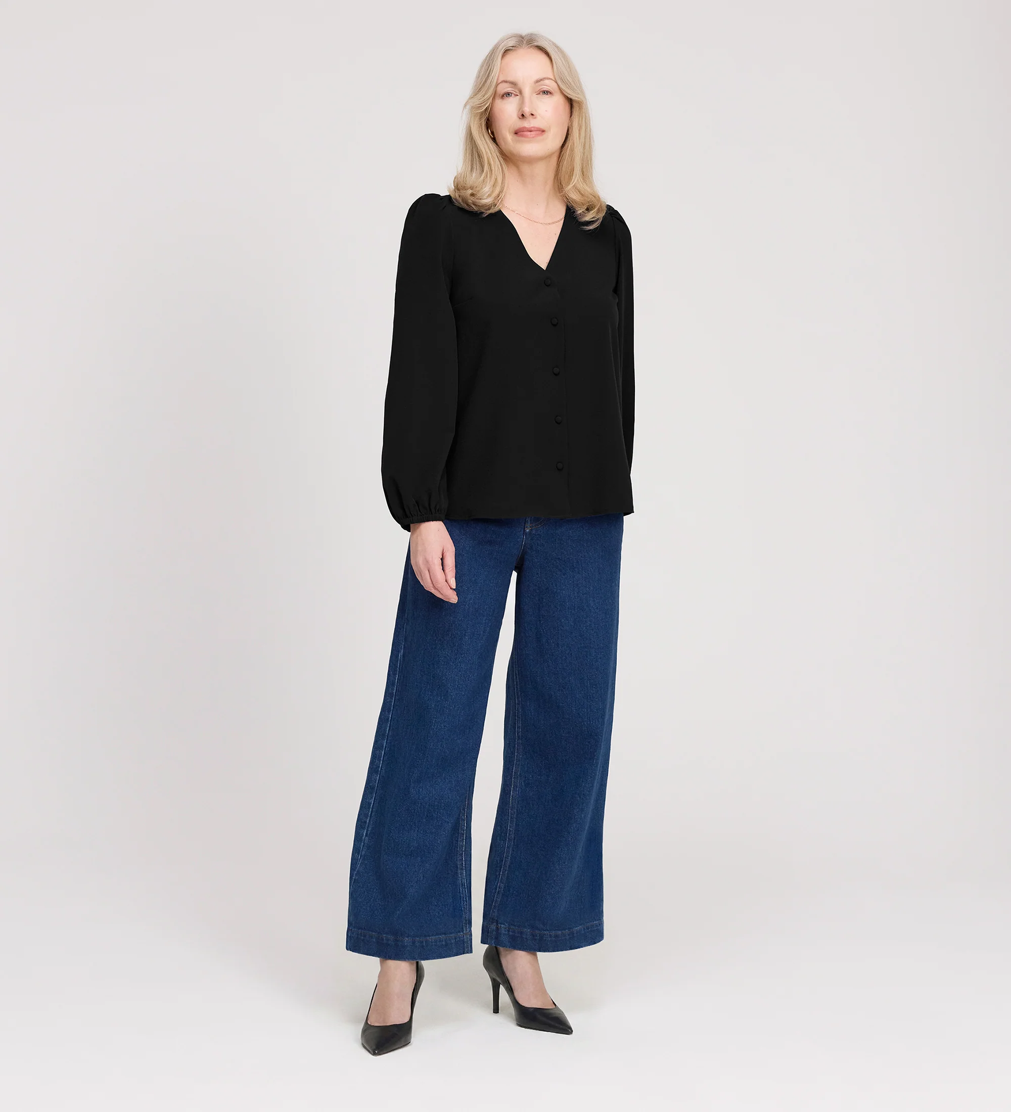 Elvora Black Button Up V-neck Top - Image 3