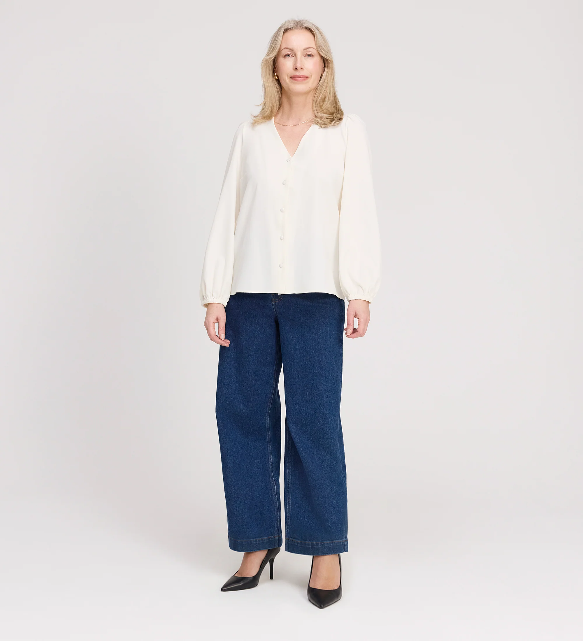 Elvora Ivory Button Up V-neck Top - Image 2