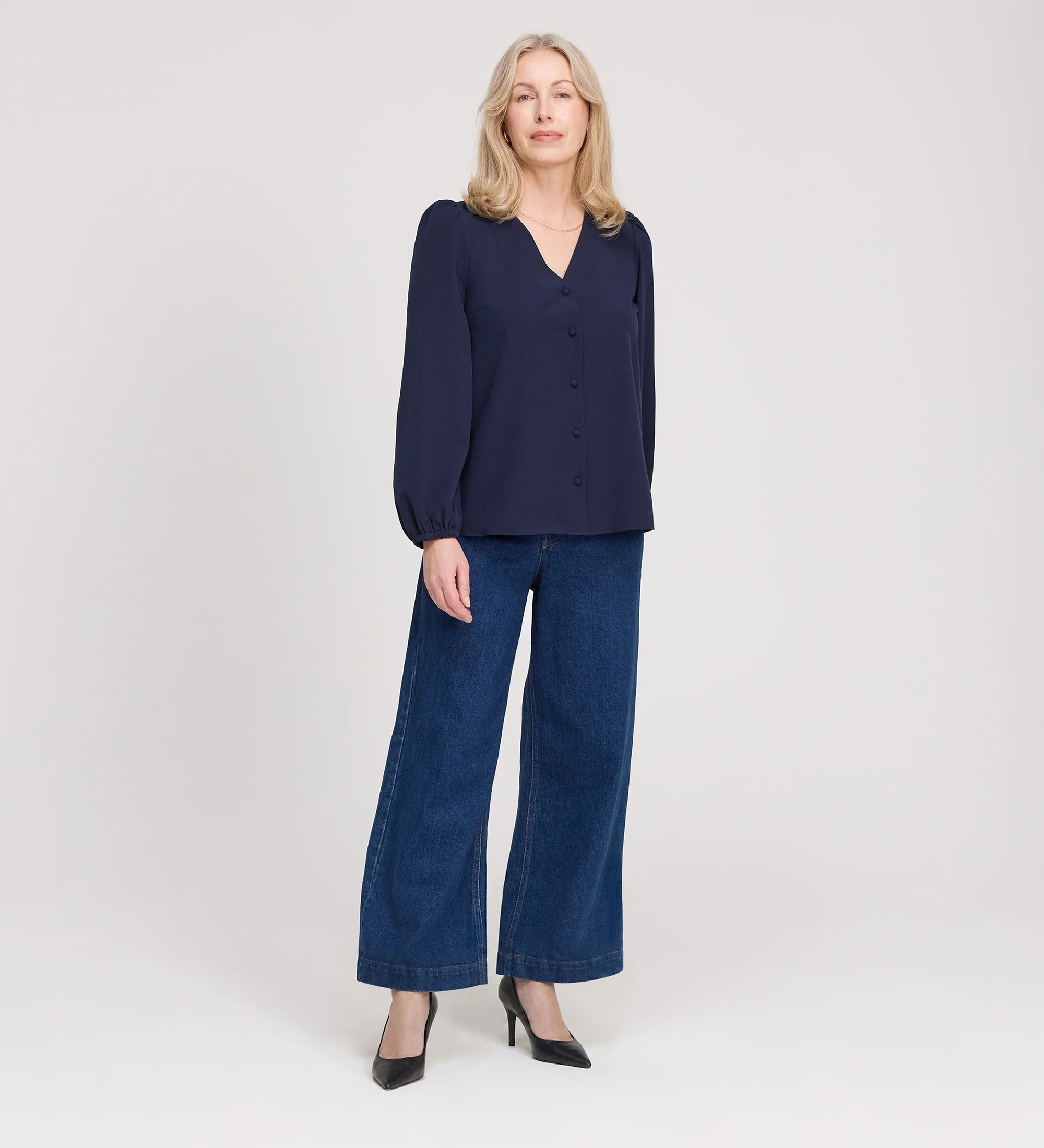 Elvora Navy Button Up V-neck Top - Image 3