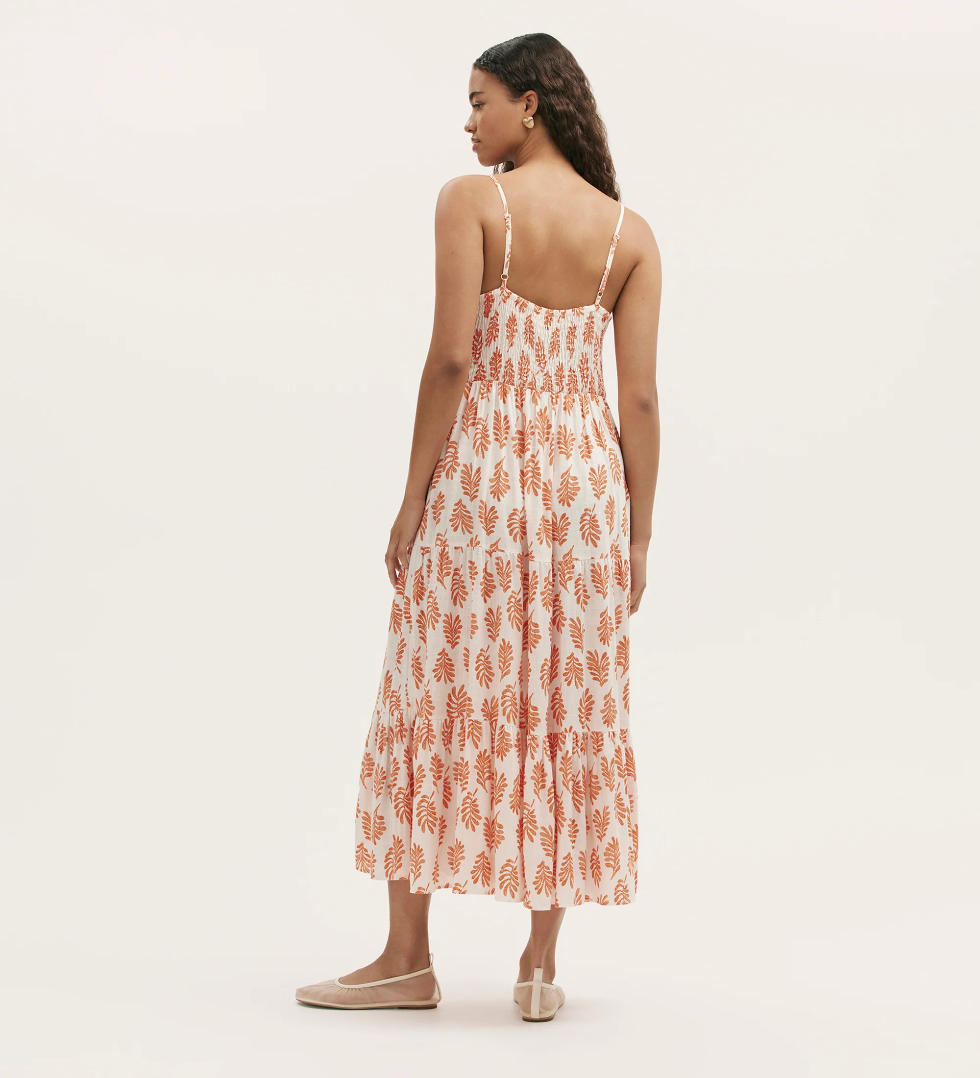 Emmie Ivory Woodblock Linen Blend Strappy Tiered Midi Dress - Image 4