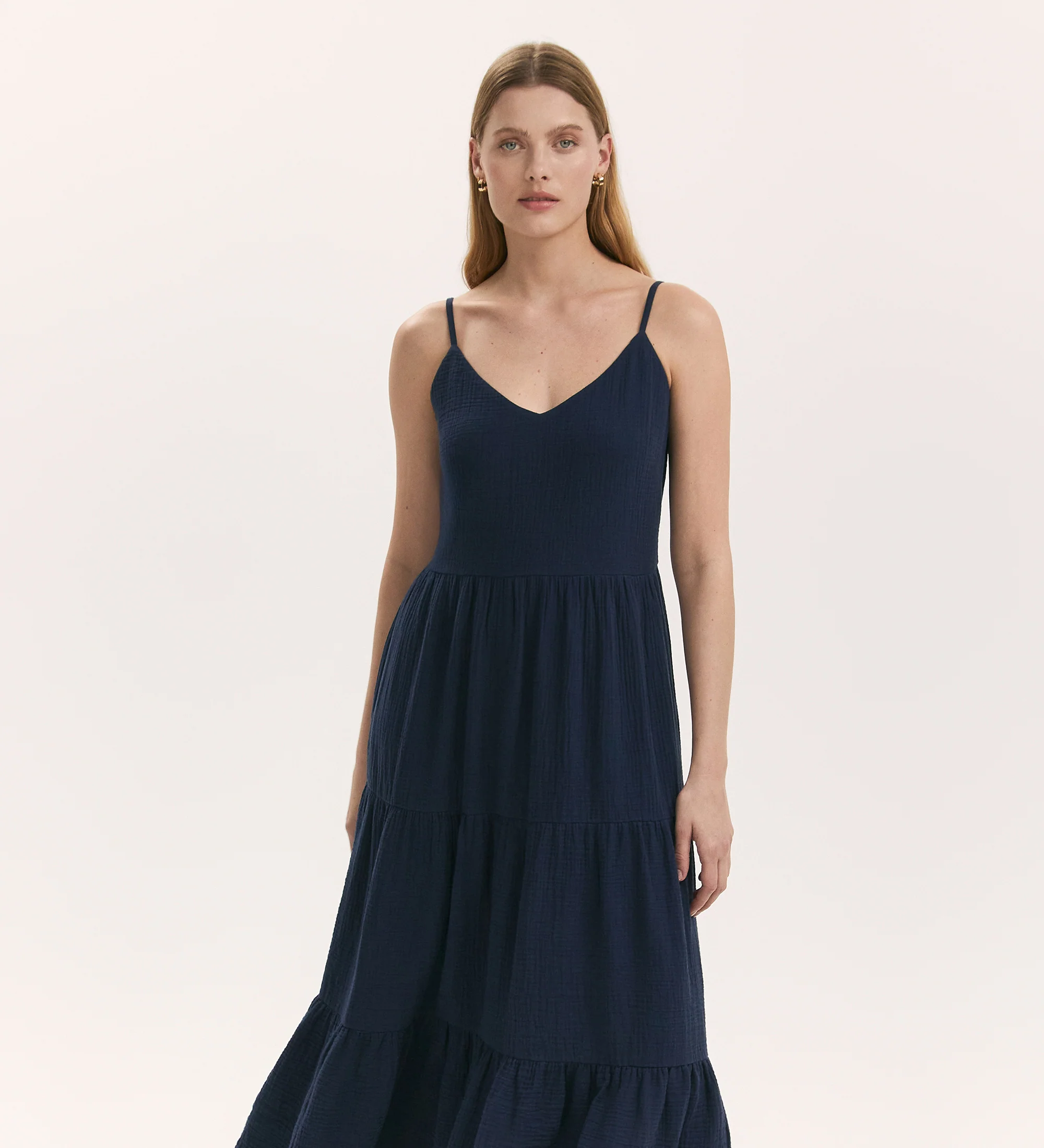 Emmie Navy Cotton Midi Tiered Dress - Image 3