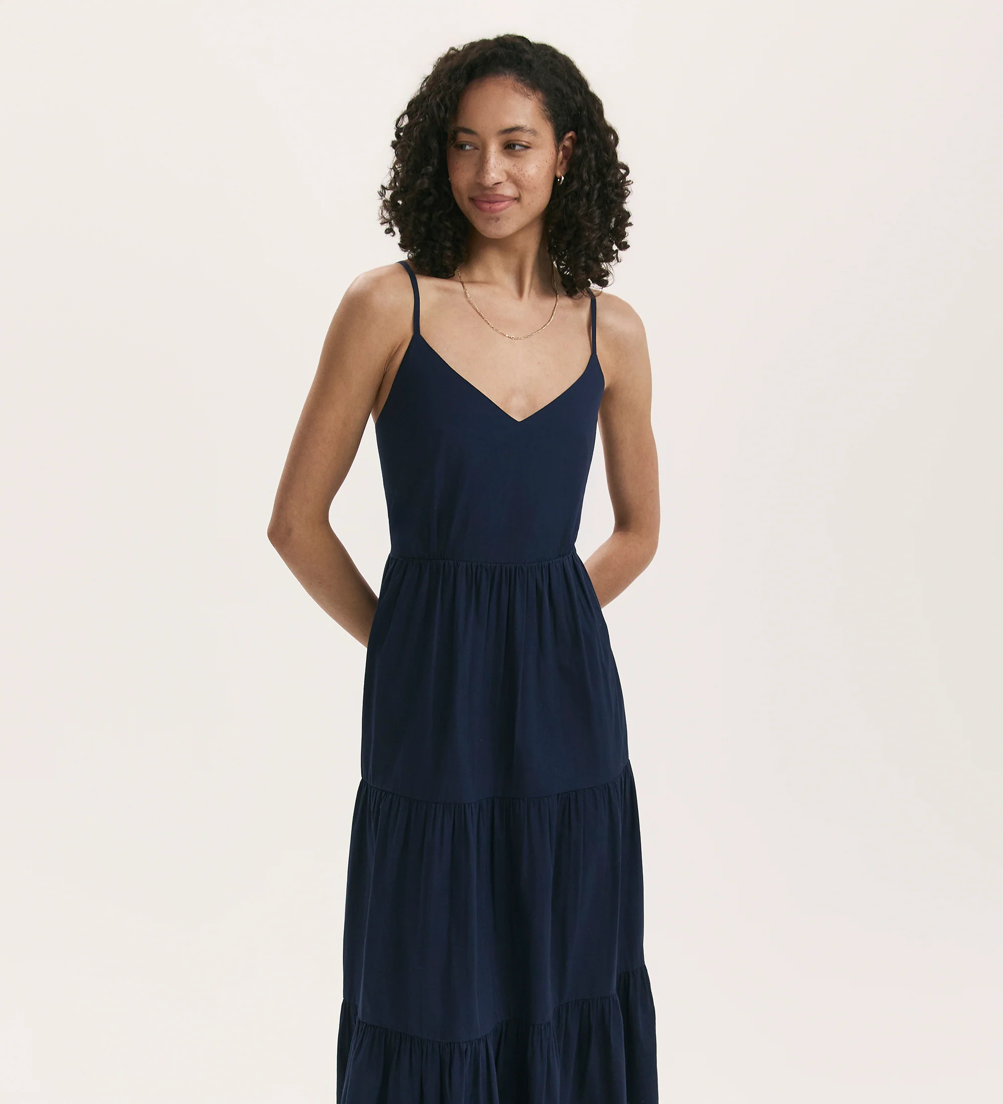 Emmie Navy Cotton Midi Tiered Dress - Image 3