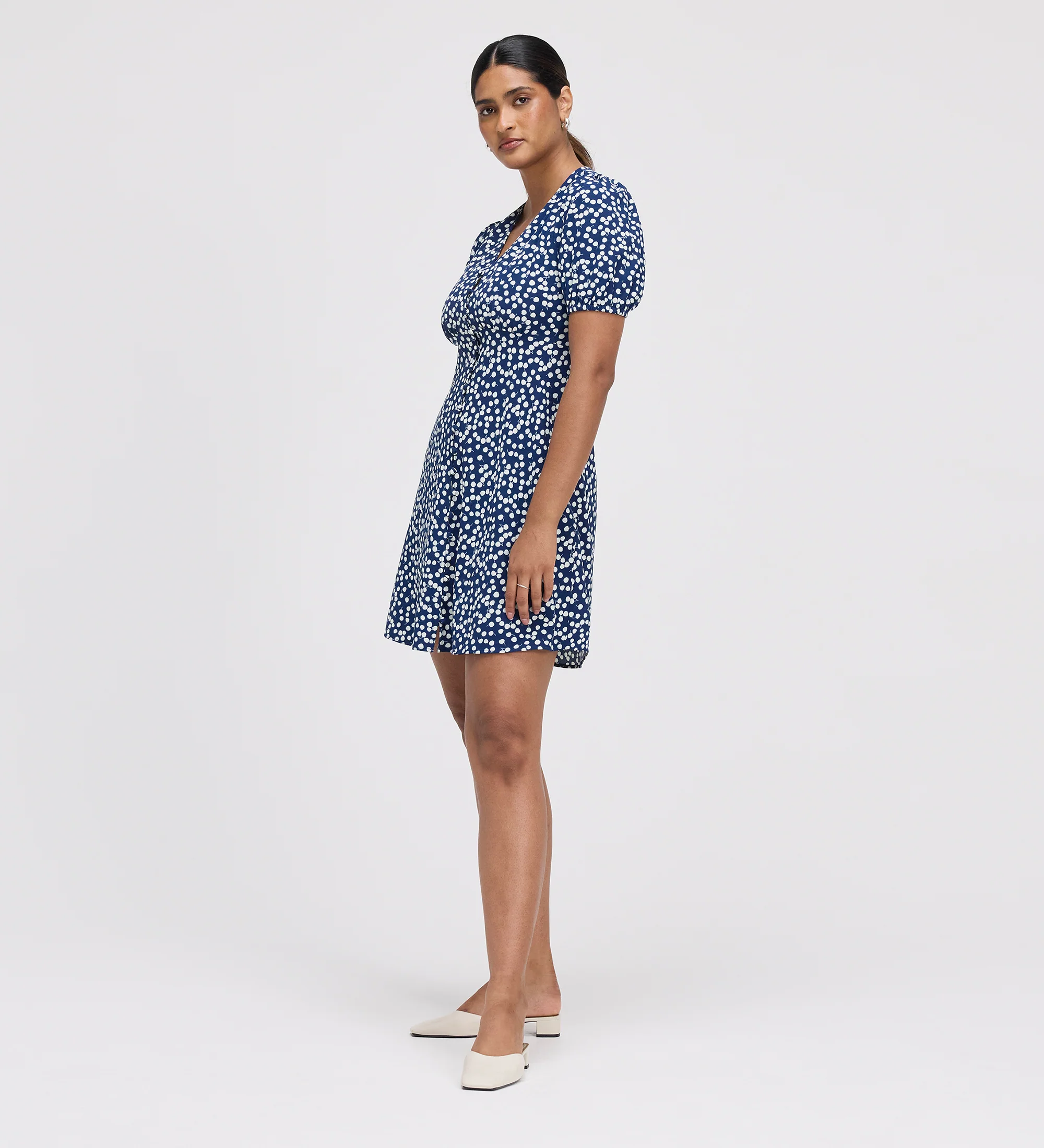 Ensley Navy Cherry Spot Button Through Short Dress - Image 4