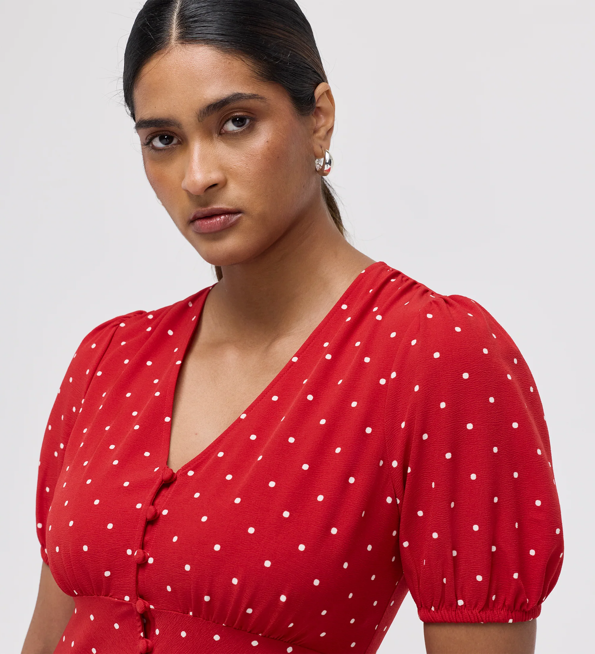Ensley Red Polka Dot Button Through Short Dress - Image 3