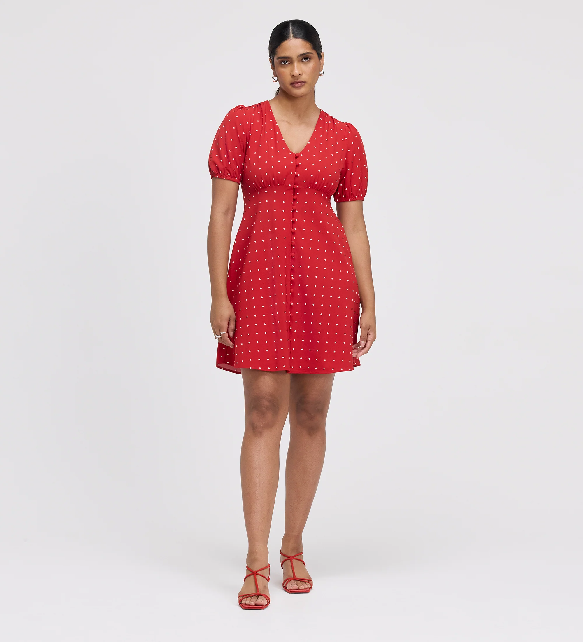 Ensley Red Polka Dot Button Through Short Dress - Image 4