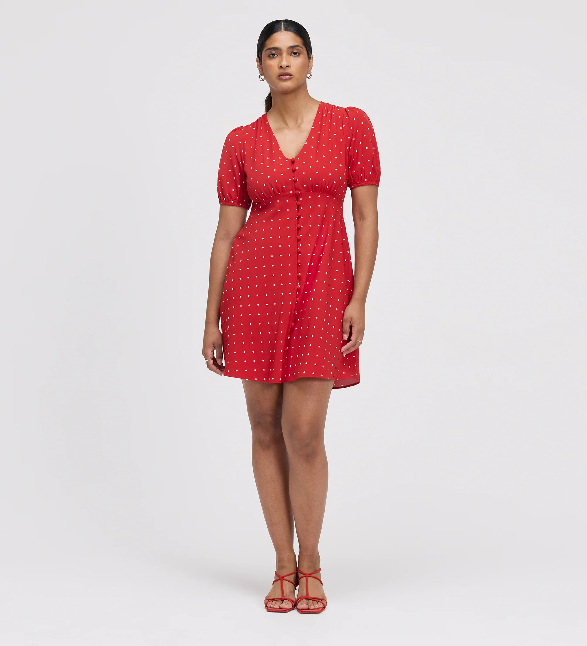 Ensley Red Polka Dot Button Through Short Dress - Image 5