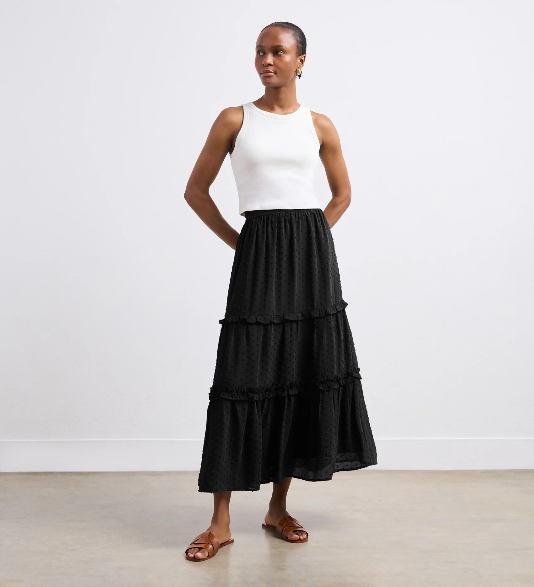 Everley Black Tiered Midi Skirt - Image 3