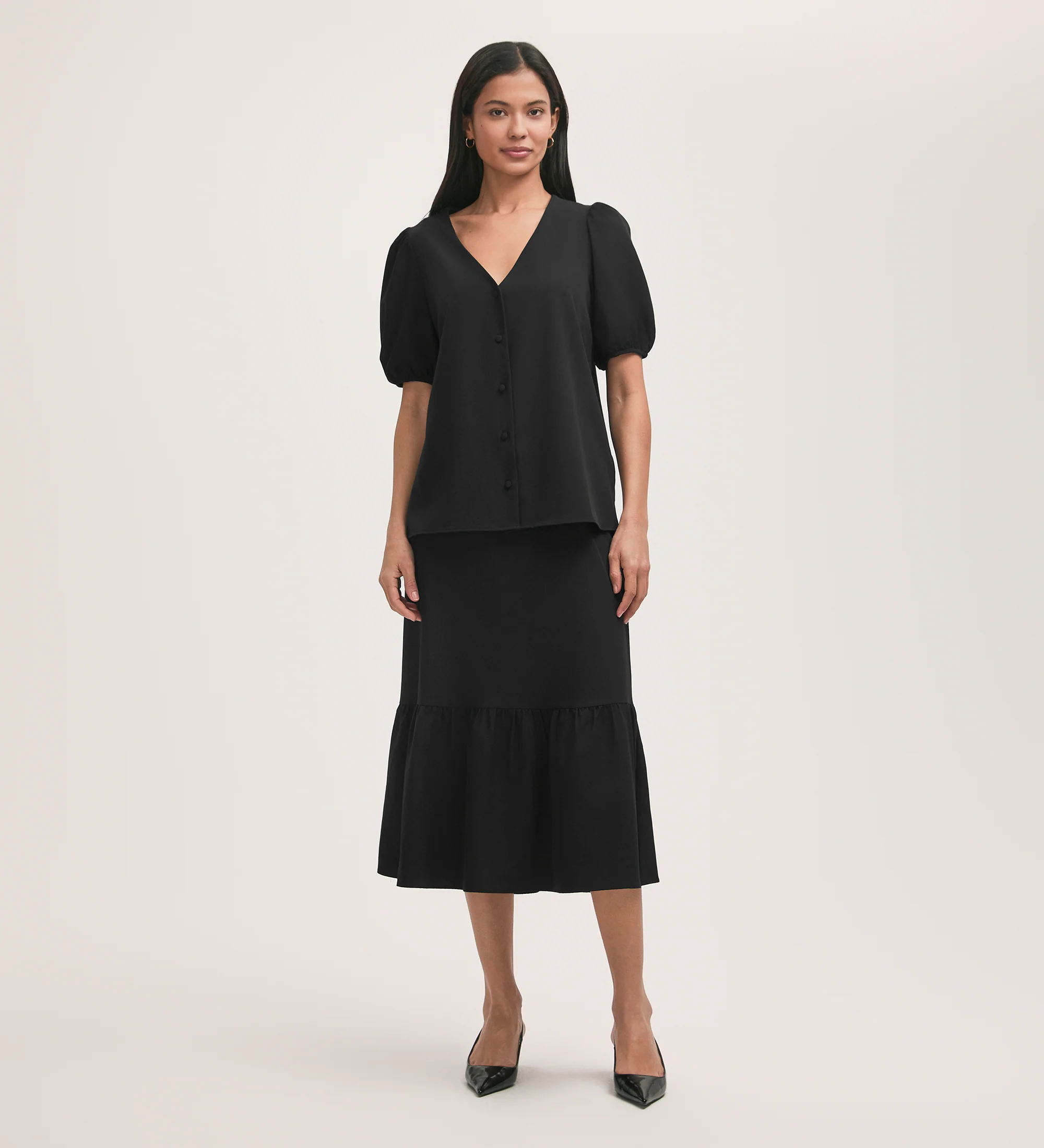 Fleur Black Crepe Short Sleeve Button Up Blouse - Image 2