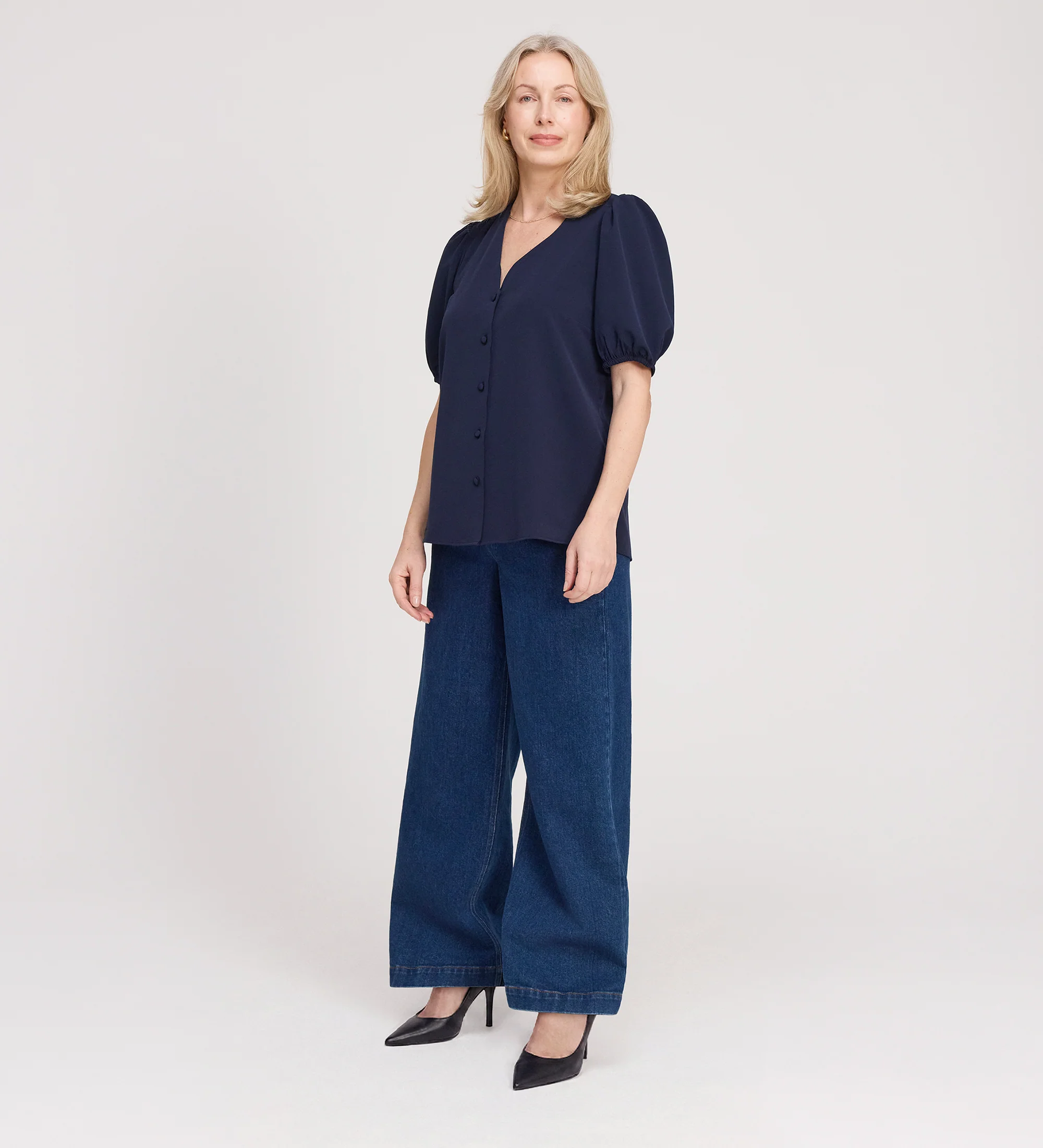 Fleur Navy Button Down Short Sleeve Top - Image 3