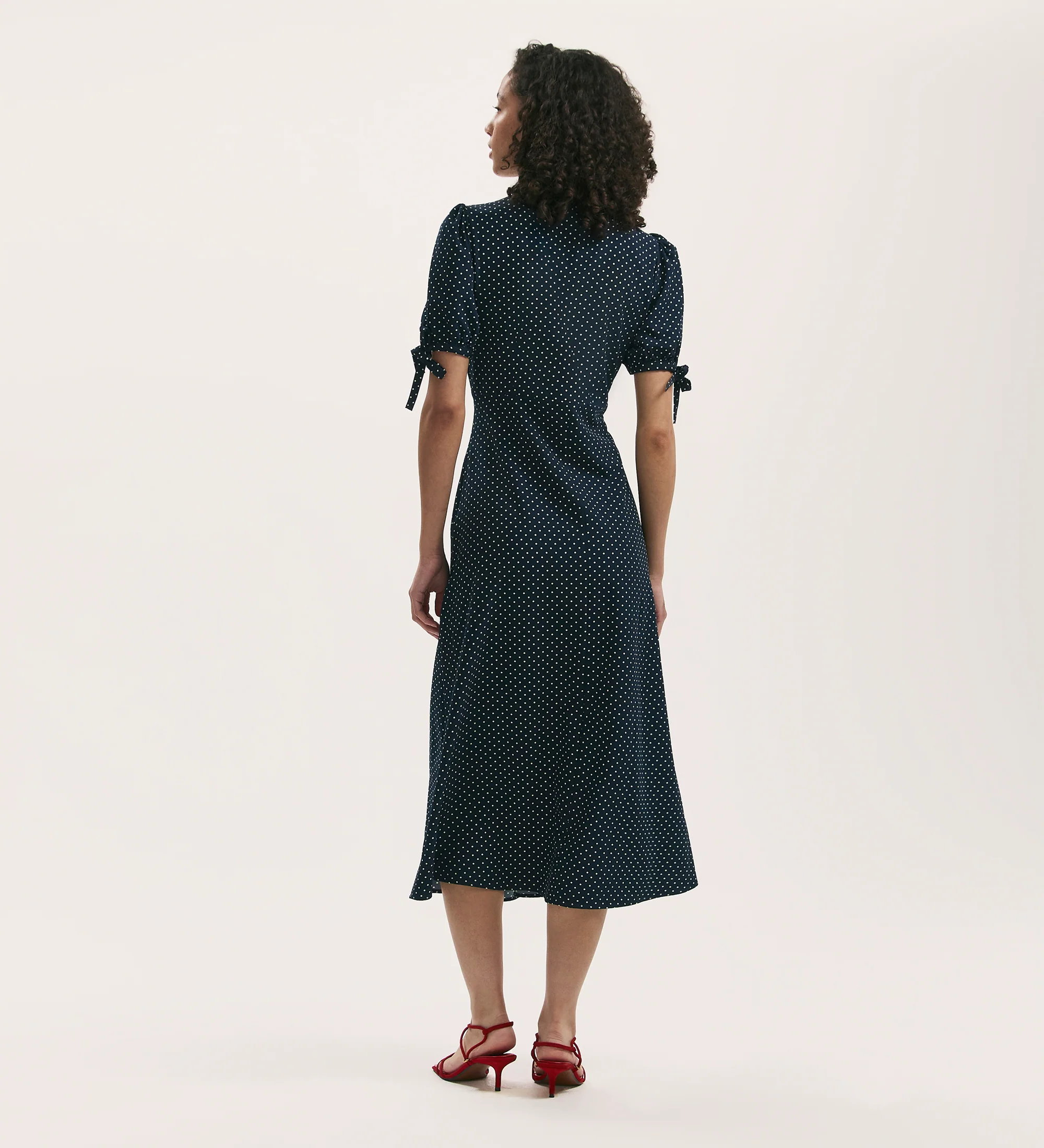 Gabriella Navy Polka Dot Crepe Midi Tea Dress - Image 4