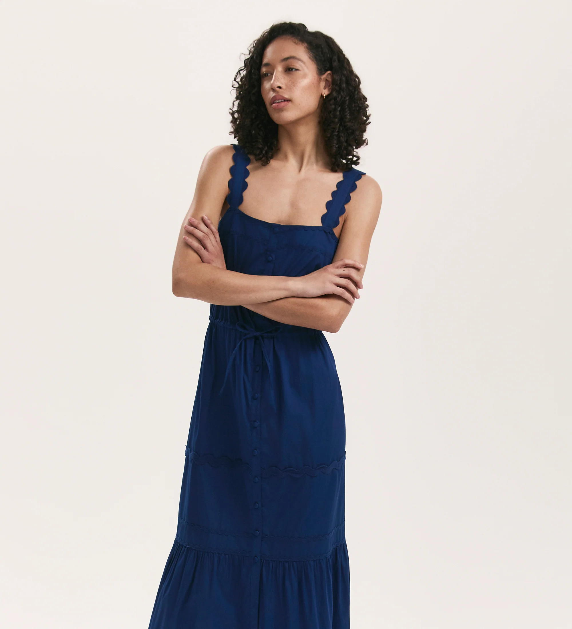 Hallie Indigo Ric Rac Trim Cotton Midi Dress - Image 3