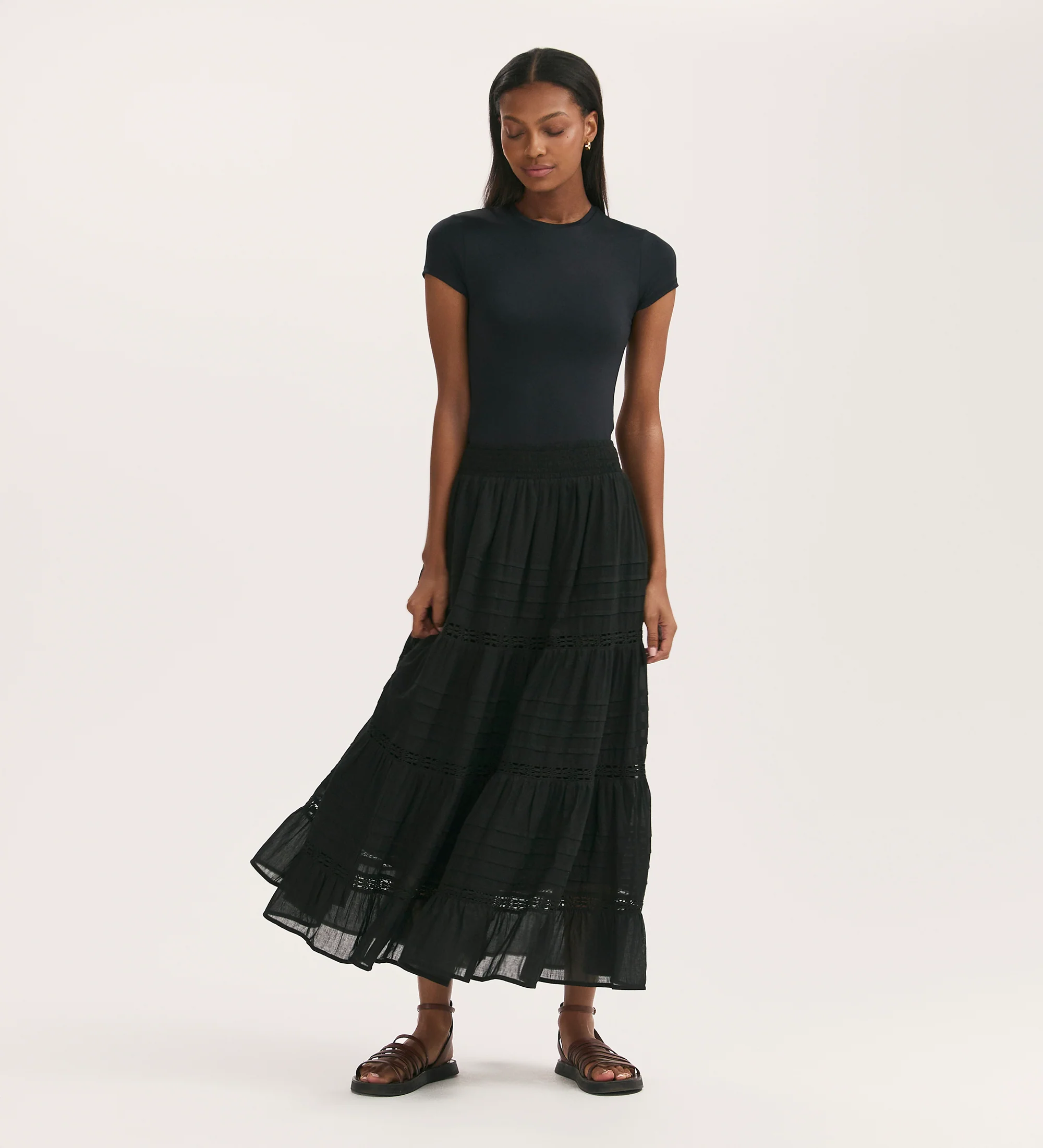 Imani Black Cotton Lace Tiered Midi Skirt - Image 3