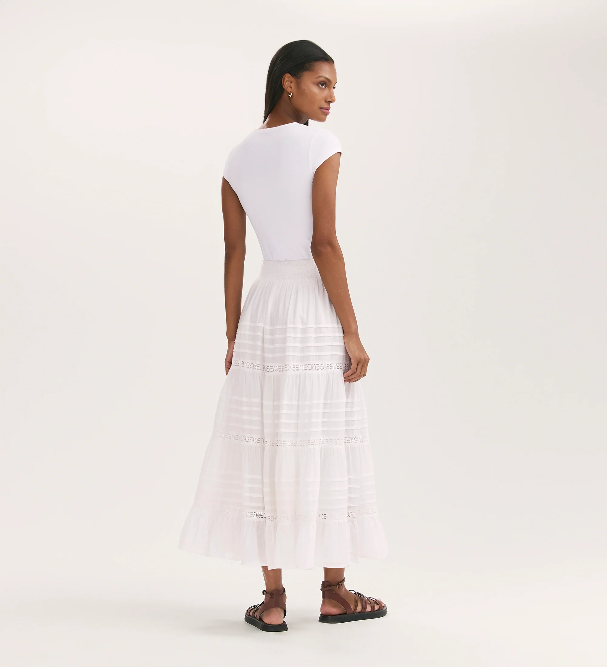 Imani White Cotton Lace Tiered Midi Skirt - Image 5