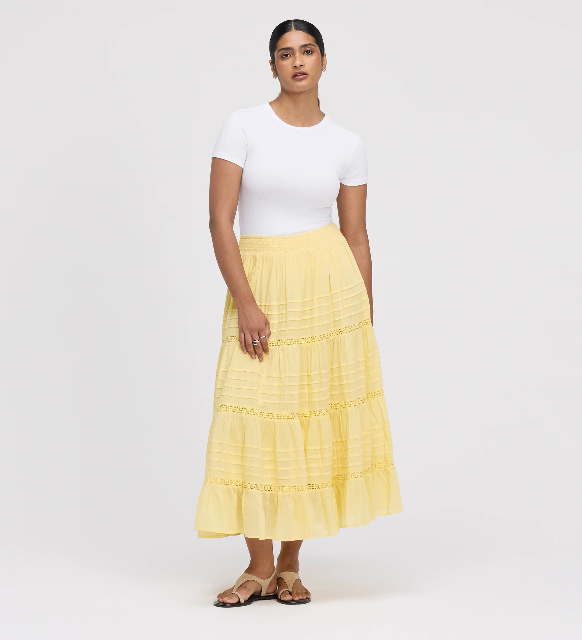 Imani Yellow Cotton Lace Tiered Midi Skirt - Image 3