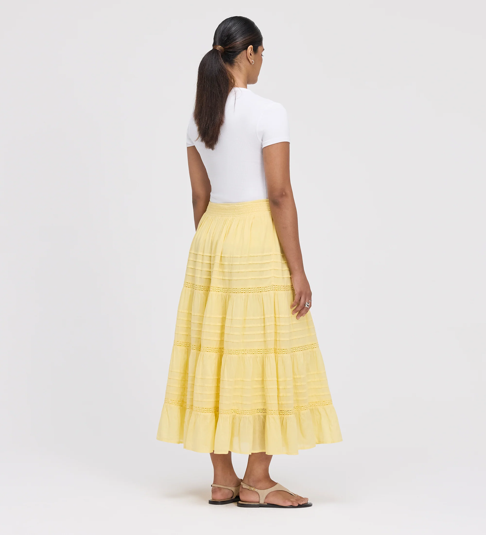 Imani Yellow Cotton Lace Tiered Midi Skirt - Image 5