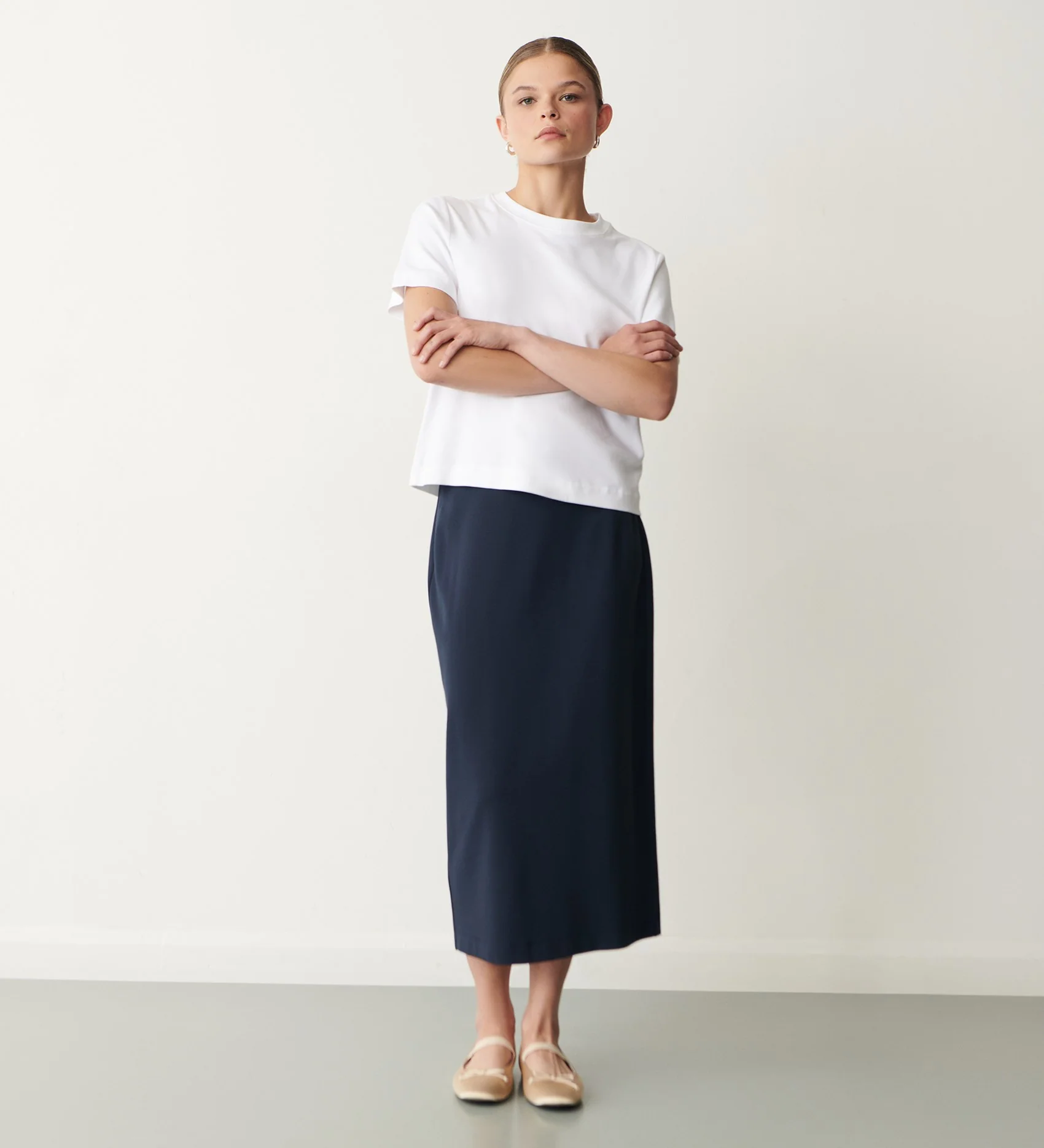 Ives Navy Ponte Jersey Midi Skirt - Image 3