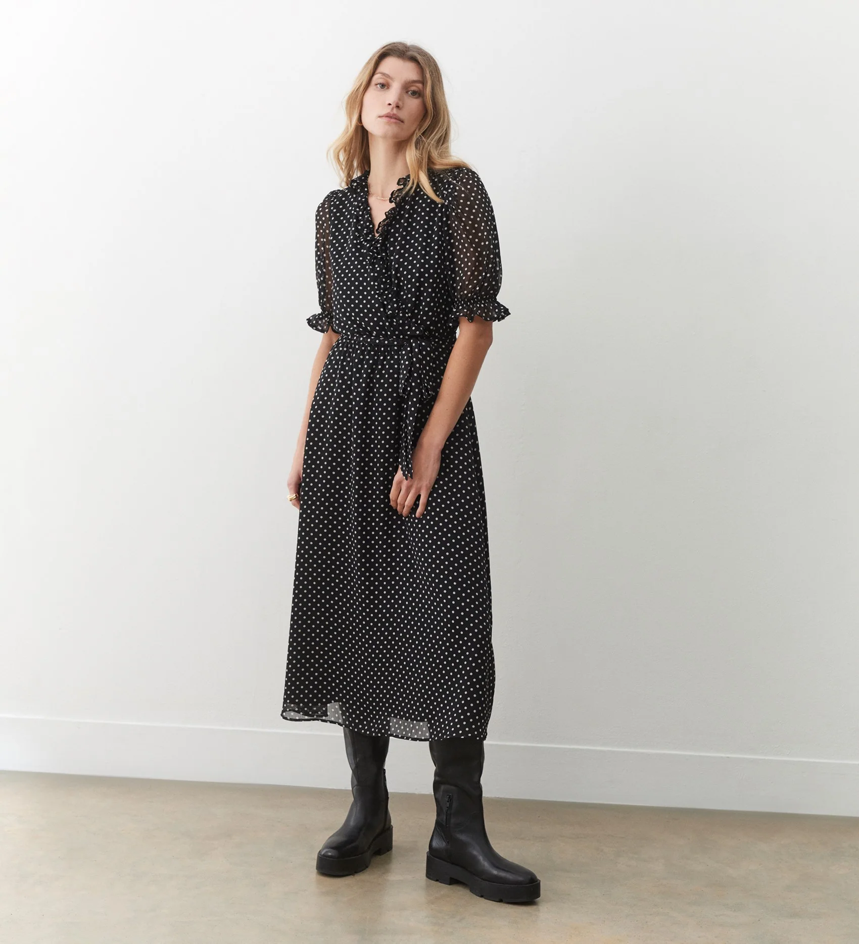 Jayne Black Polka Dot Midi Dress - Image 3