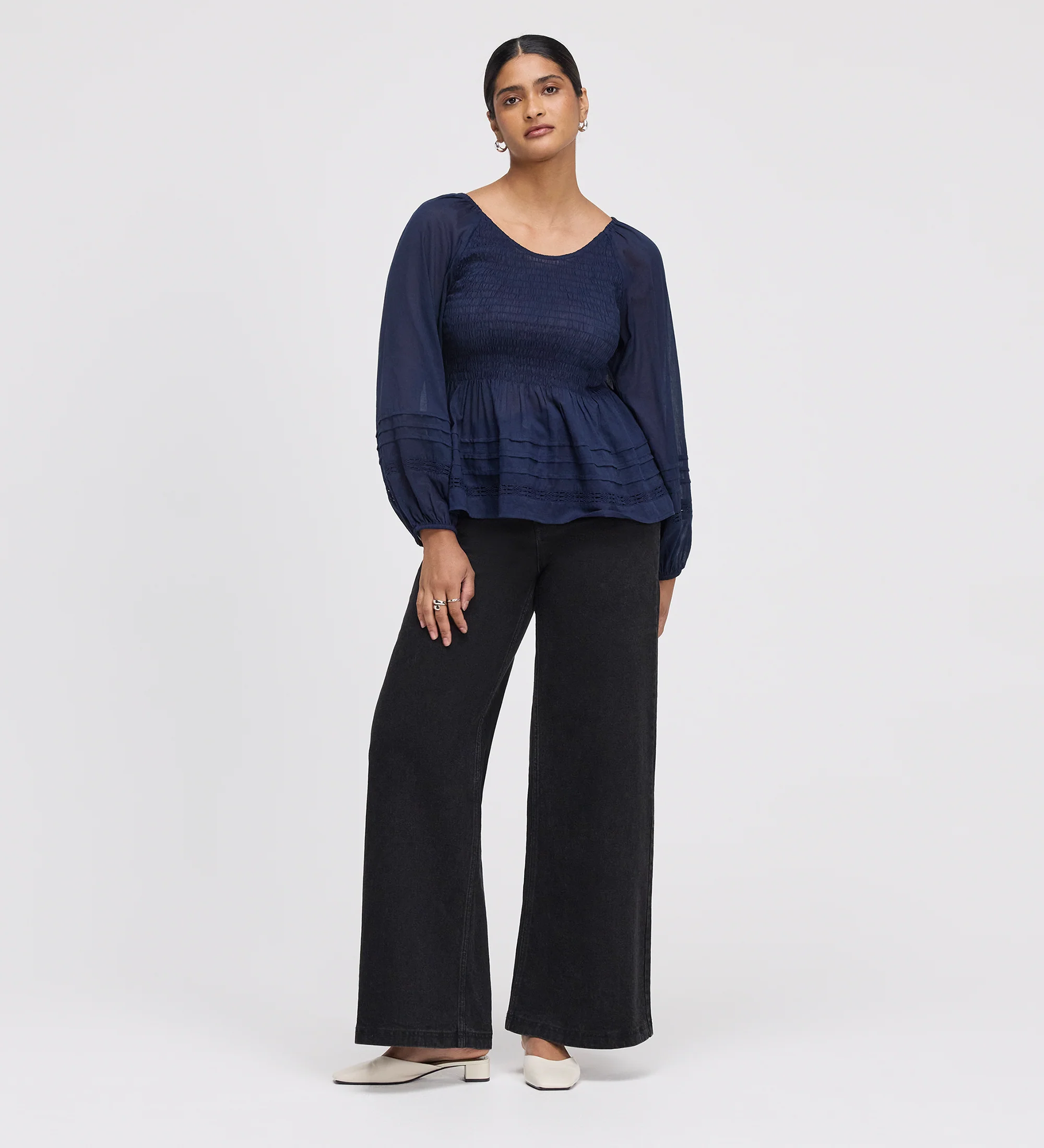Jennie Navy Cotton Lace Blouson Sleeve Top - Image 2