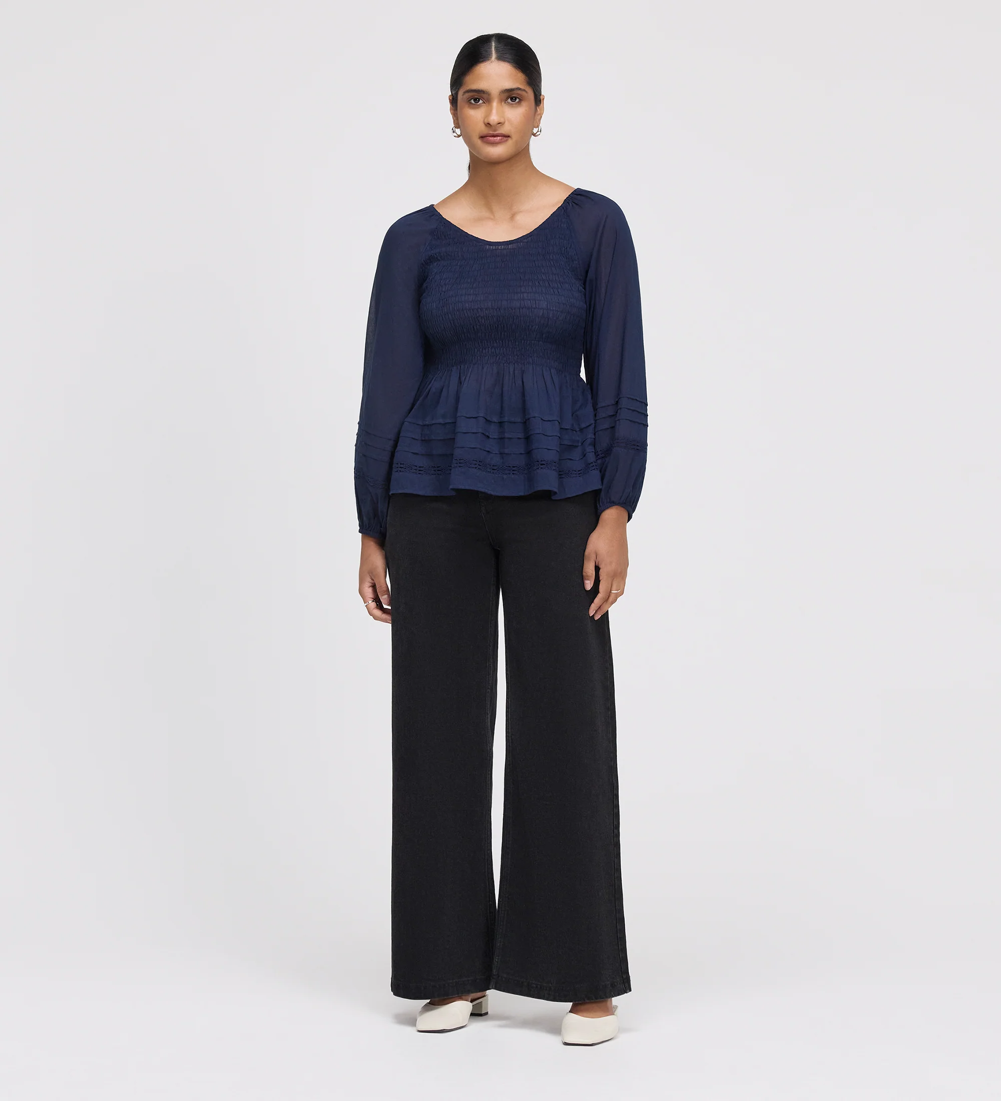 Jennie Navy Cotton Lace Blouson Sleeve Top - Image 3