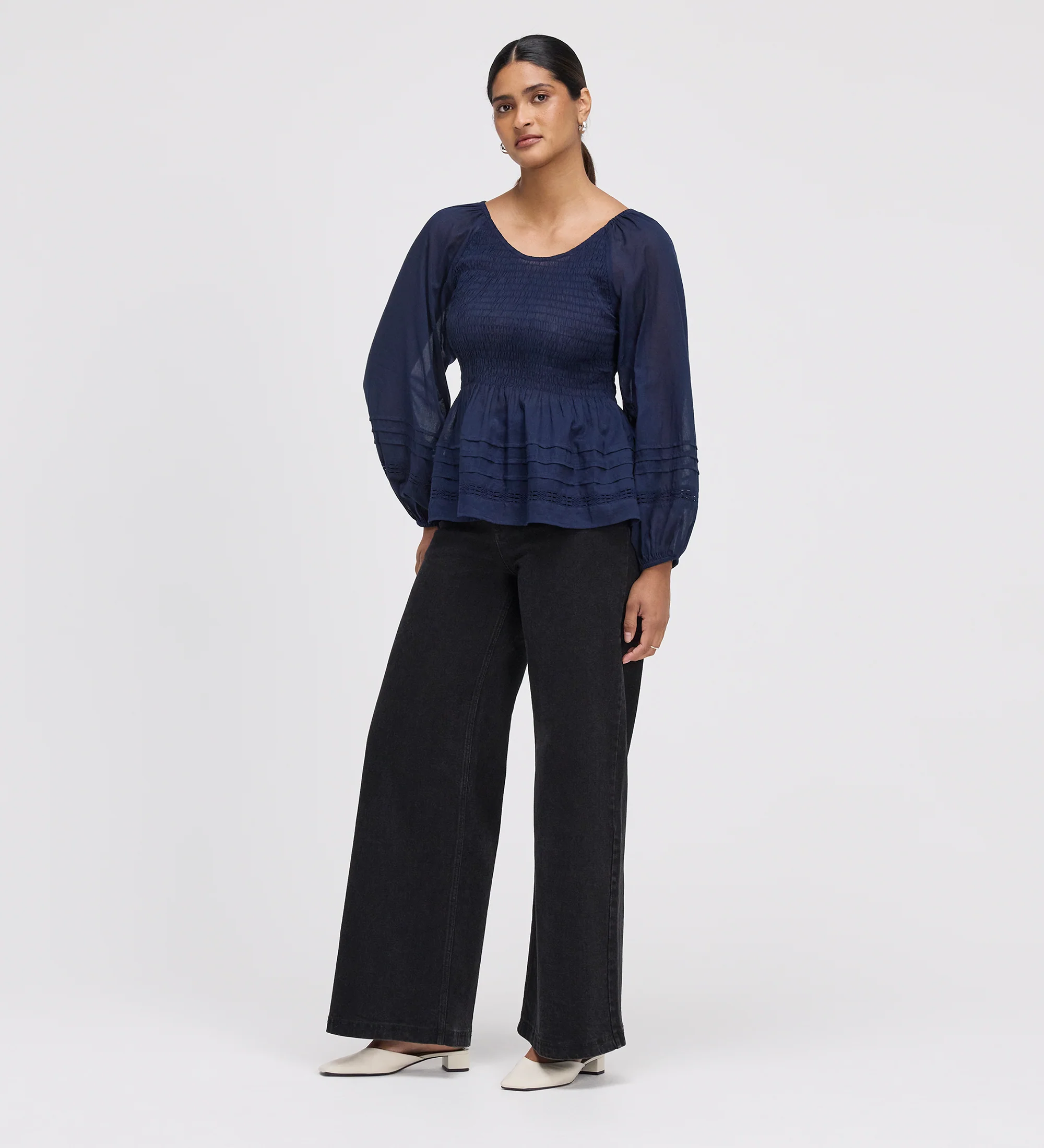 Jennie Navy Cotton Lace Blouson Sleeve Top - Image 5