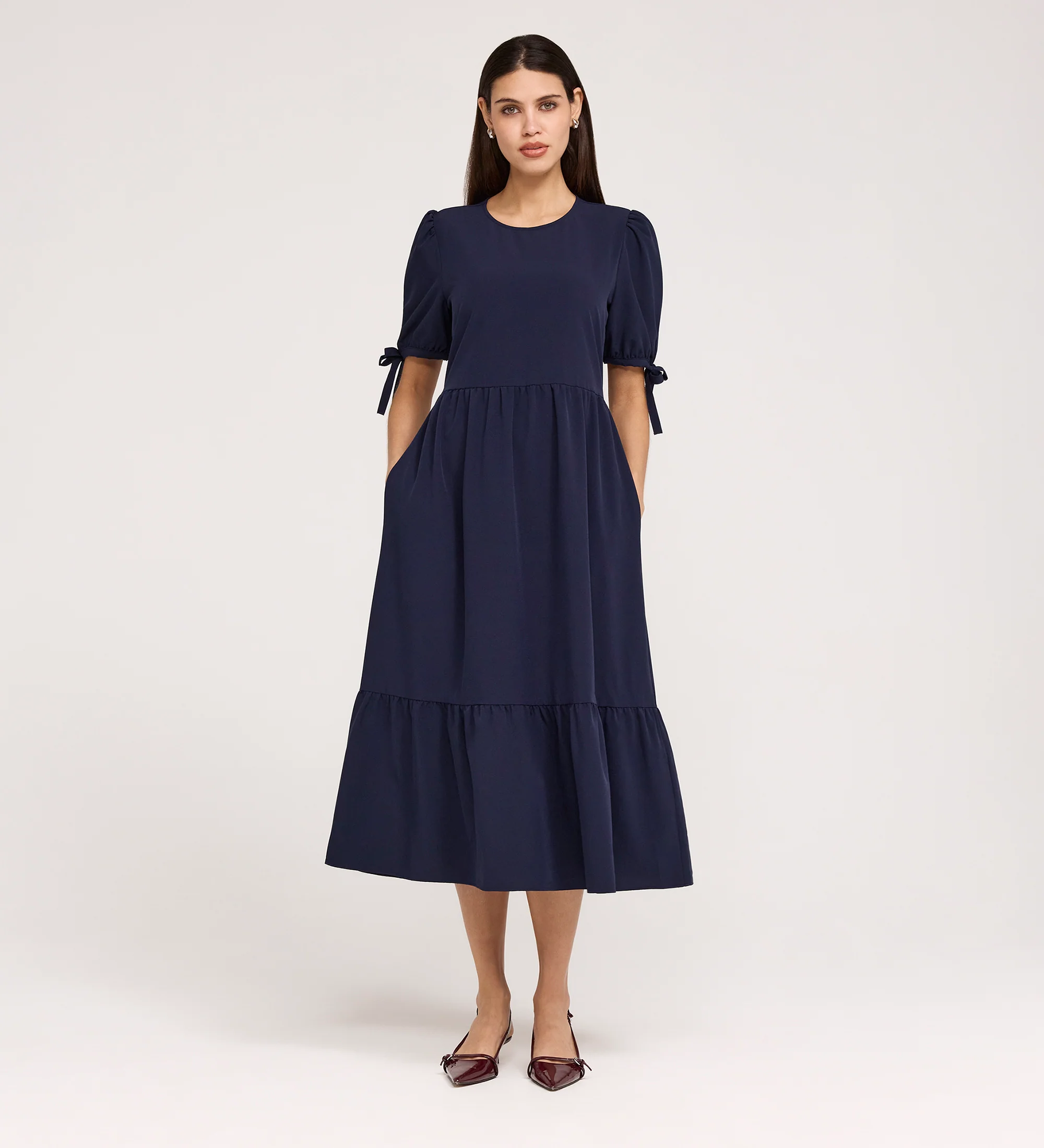 Jessa Navy Crepe Midi Tiered Dress - Image 3
