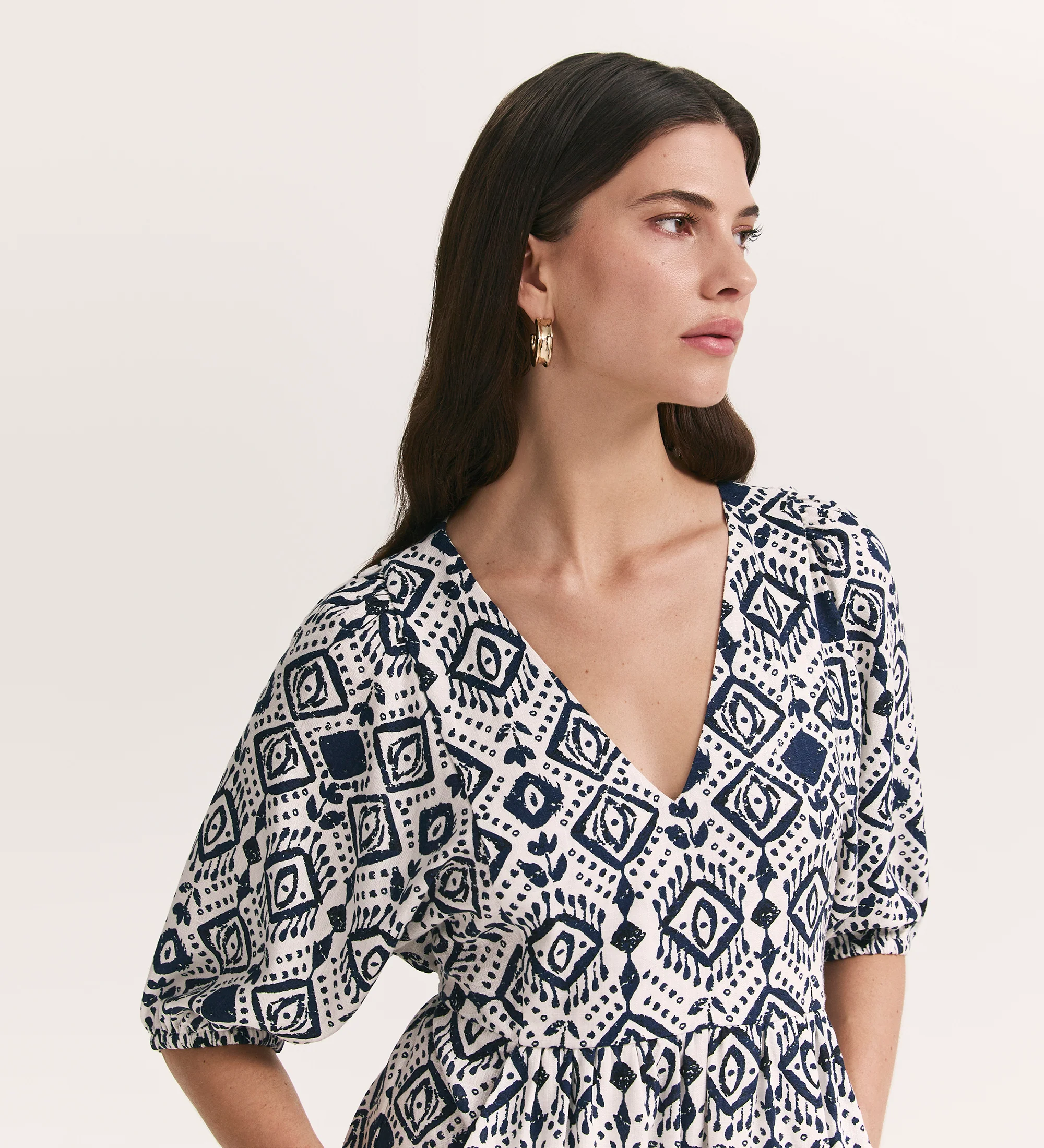 Katie Ivory Woodblock Linen Blend Midi Smock Dress - Image 3