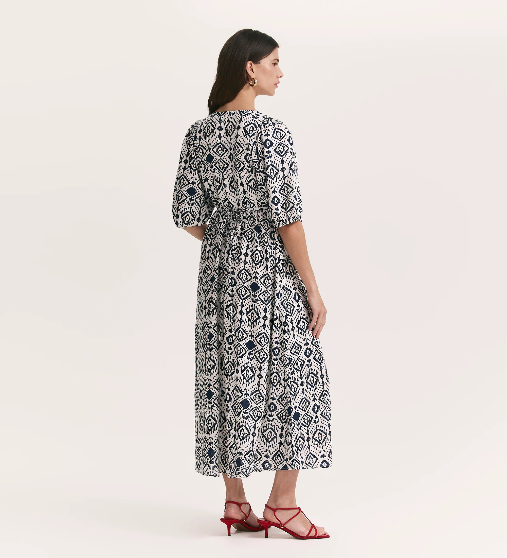 Katie Ivory Woodblock Linen Blend Midi Smock Dress - Image 4